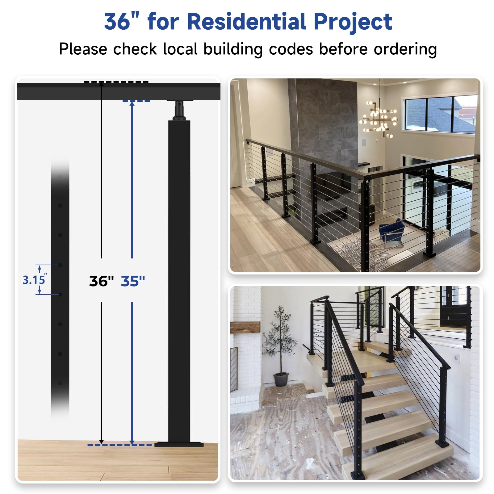 Anqtovp 4 pack black cable railing post 36 inch stainless steel T304 ...