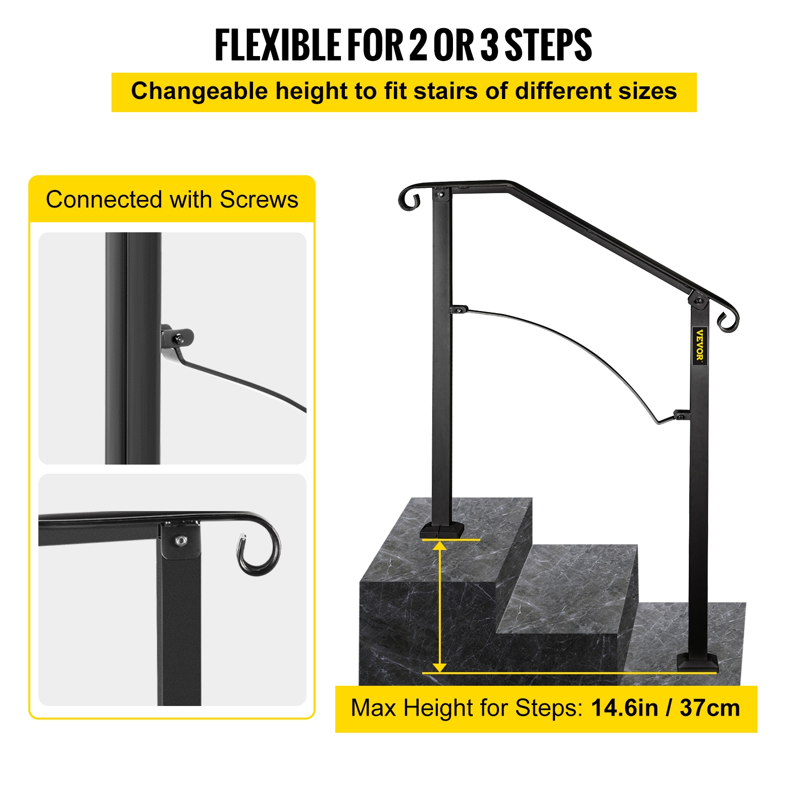 VEVOR 2-3 Steps Wrought Iron Handrail 28-in x 38.2-in Wrought Iron ...