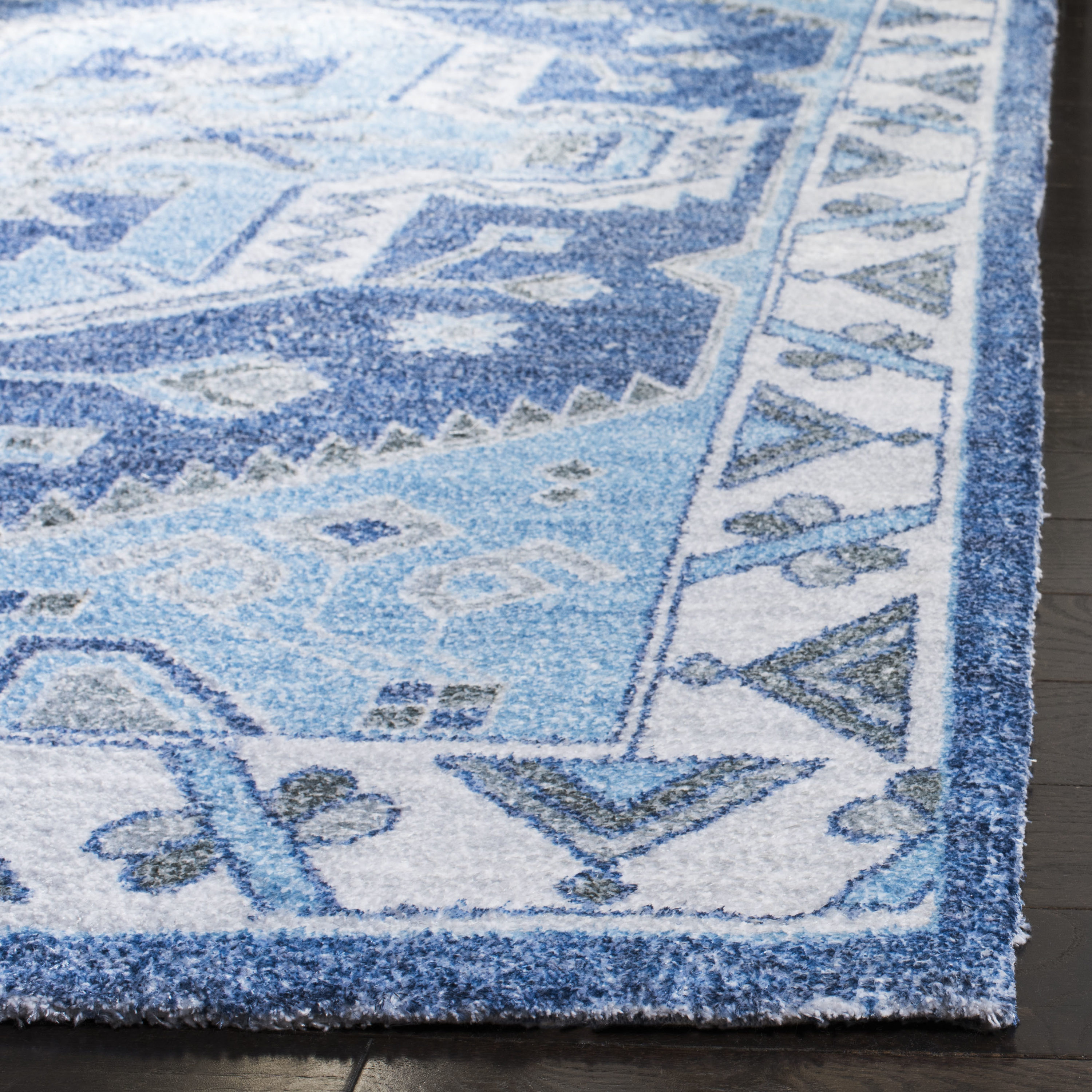 Blue and Ivory Handmade Cotton Oriental Area Rug, 5' x 8'