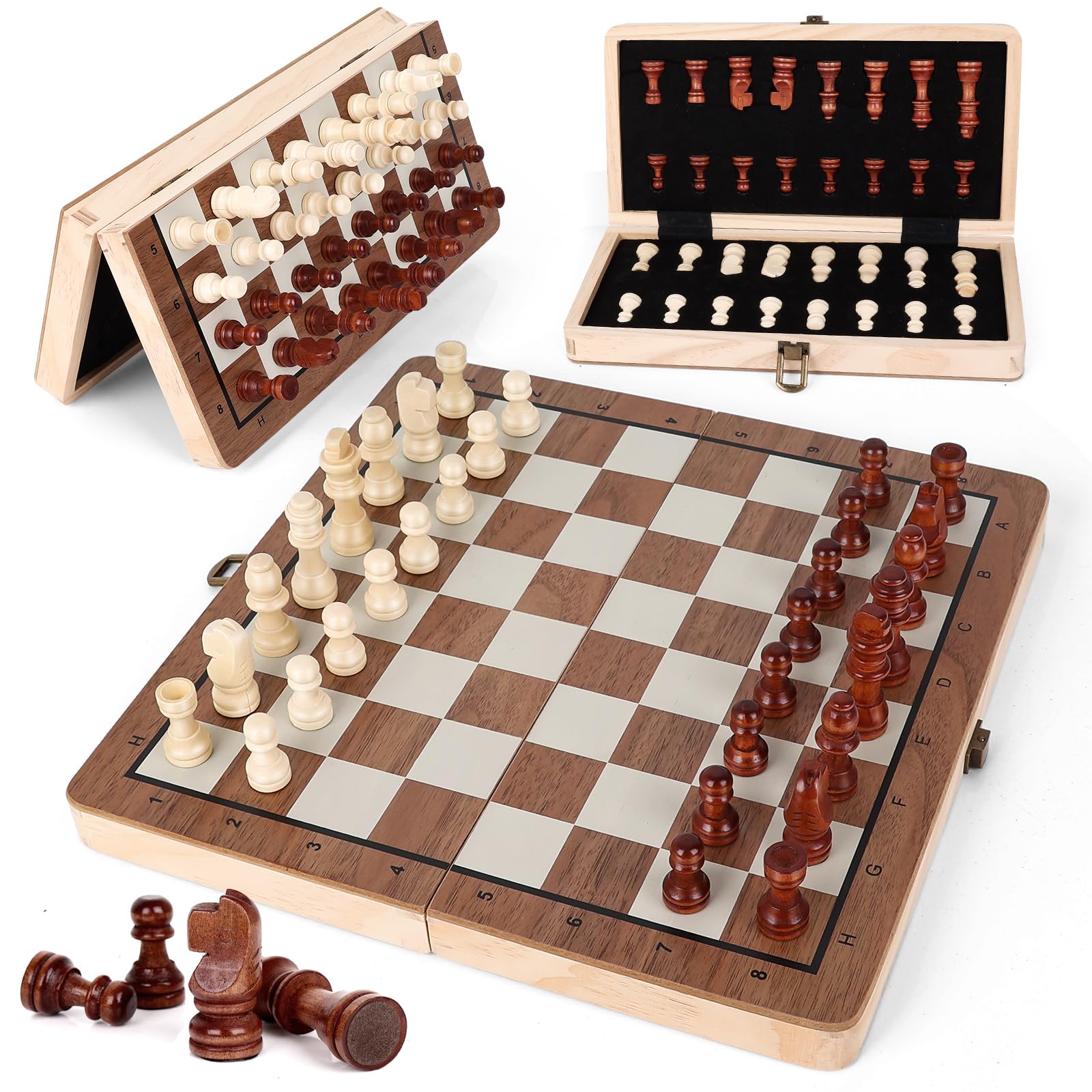Aoibox - 1 Set Wooden Magnetic Chess Set 11.5 Inch Folding Board with Built In Storage Compact T...