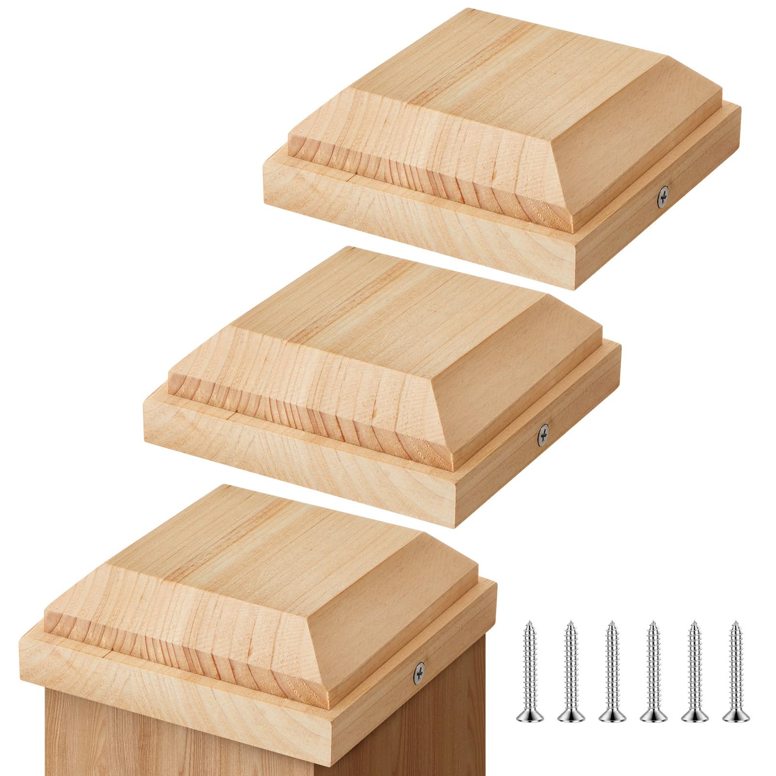 SenQWFa  Fence Cedar Ball Top Post Cap 3 Pcs 4 by 4 Inch Square Style Wood Deck Post Caps for Outdoor Wooden Fences durable home and garden