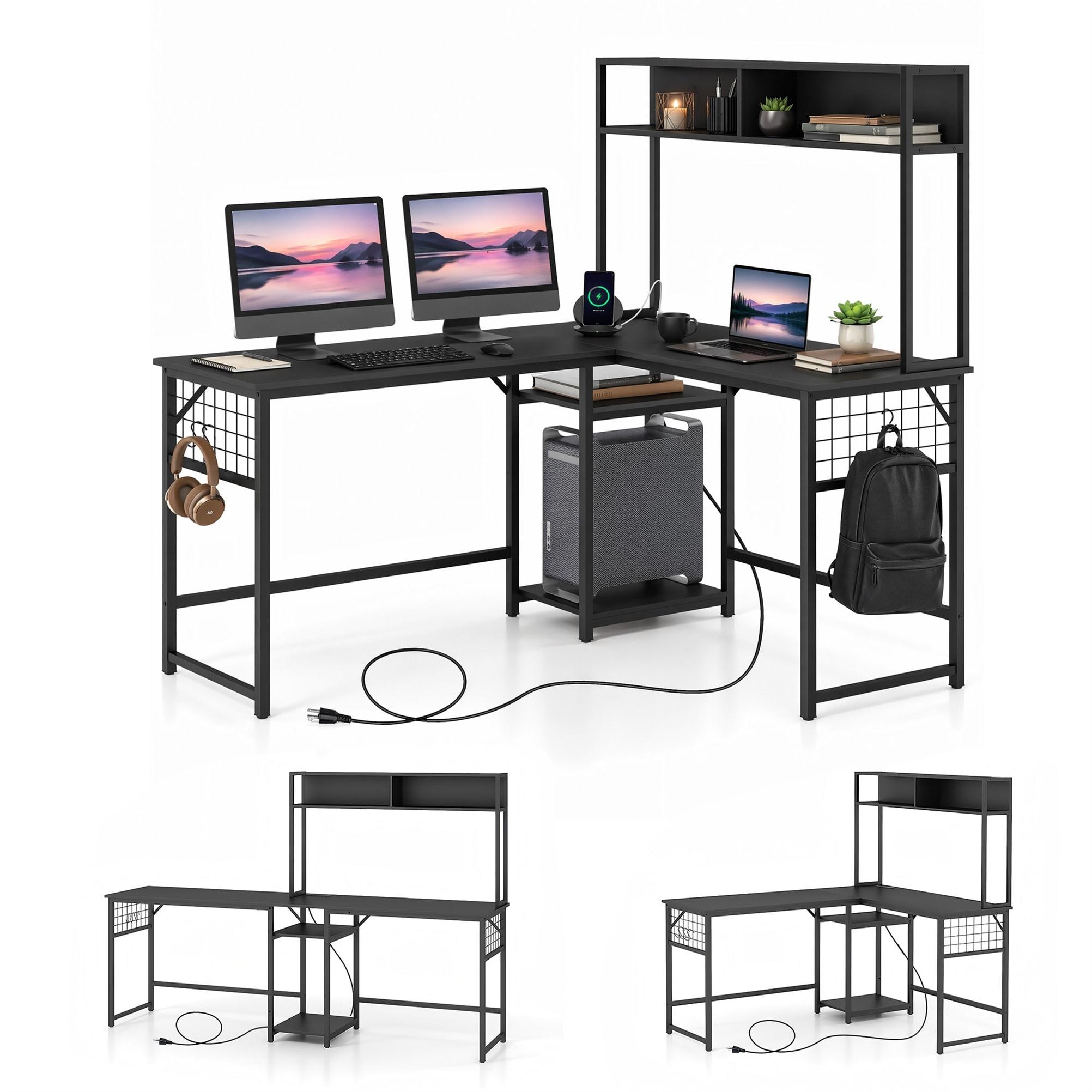 Gtnali - 59 inch Black L Shaped Gaming Desk with Power Outlets Hutch and 3 Shelves for Gaming Setup