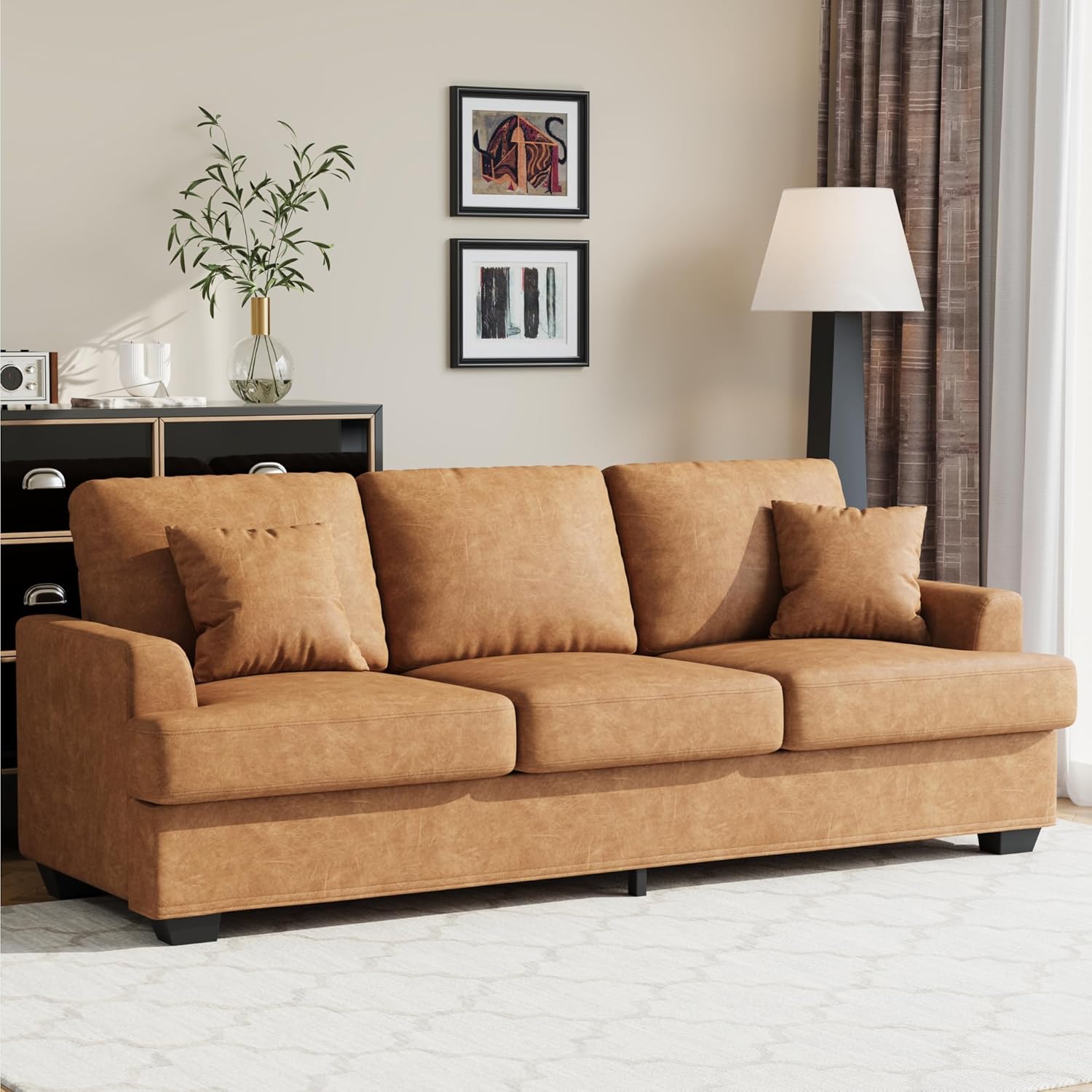 Garvee Modern 86in Leather Sofa with 2 Throw Pillows Deep Seat Couch with Upholstered Cushion Removable Cover Comfy Faux Leather Sofa Couch for Small Space Apartment Lounge Brown