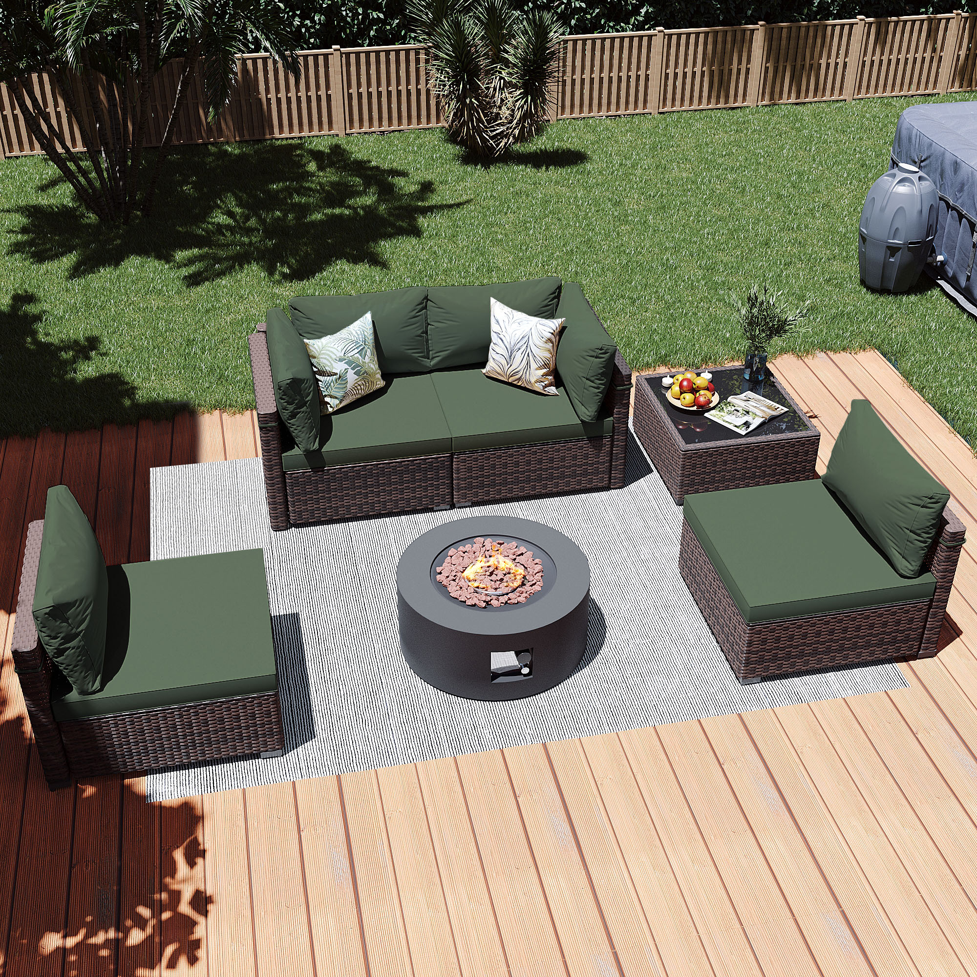 Patio Watcher LS-RT5-28TPDK-B2 6 -Piece Rattan Patio Conversation Set with Green Cushions