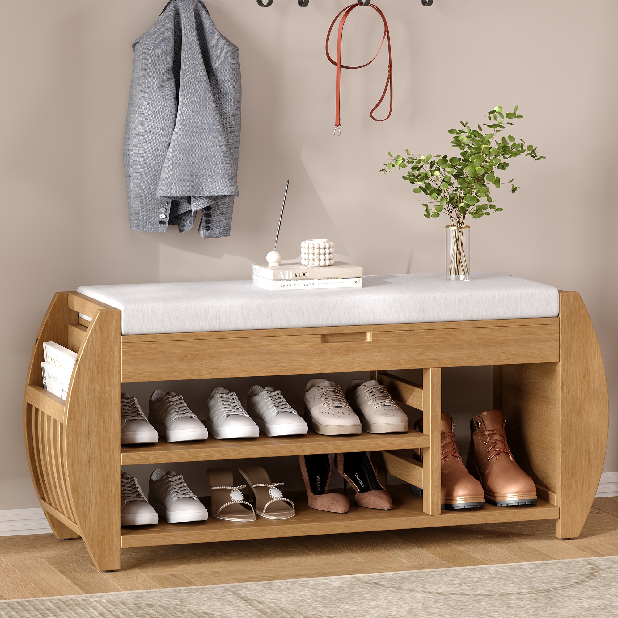 ModernLuxe N715P194061D Shoe Storage Bench Shoe Bench with Cushion and Curved Side Shoe Bench Retro Multifunctional Panel for Entryway and Living room Natural