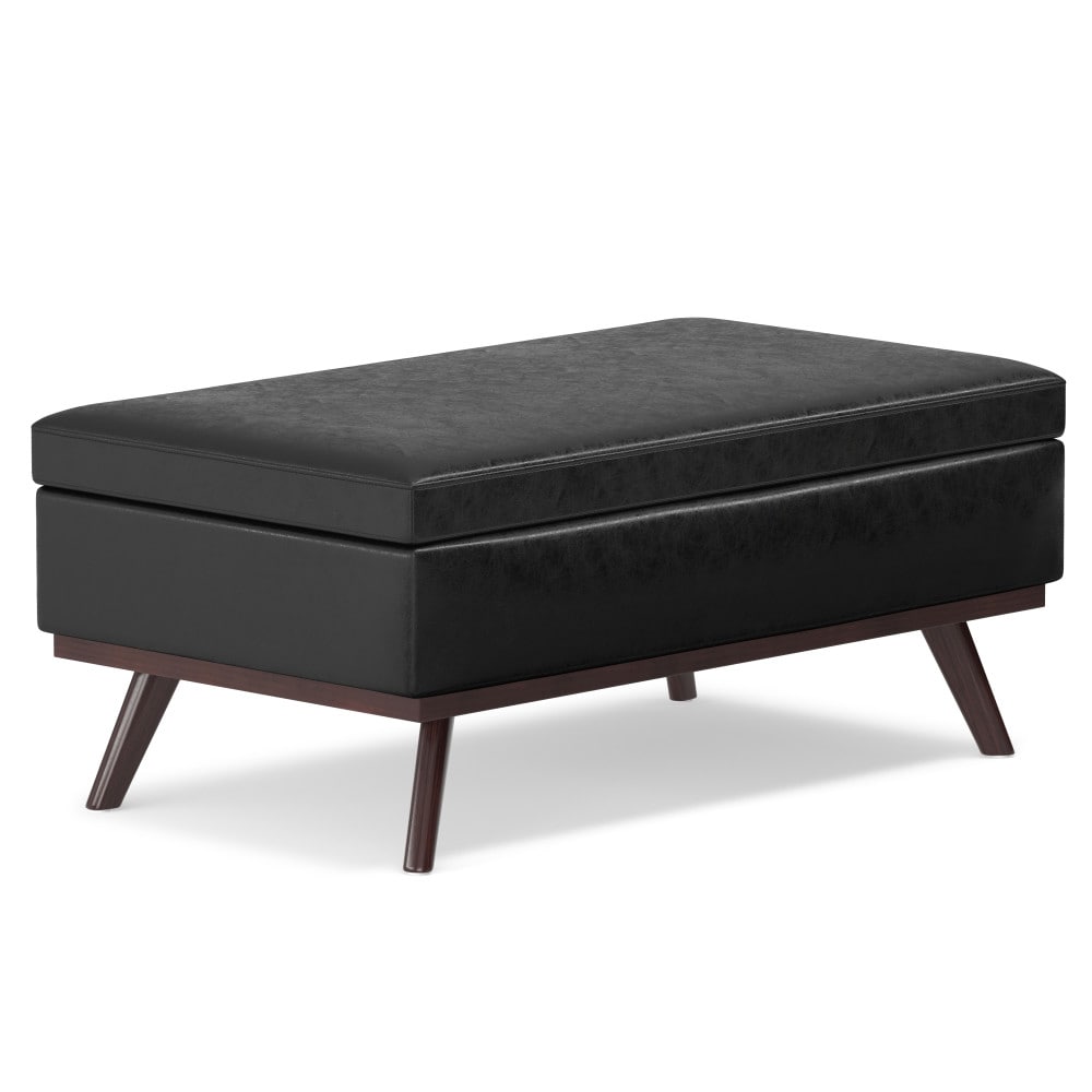Simpli Home AXCOT267LT-DBL Owen Midcentury Distressed Black Faux Leather Storage Ottoman