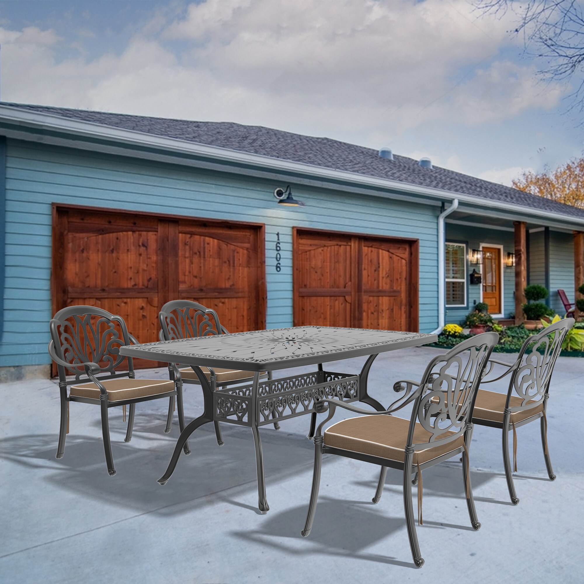 nicesure SLBK6002CZ4A1116RC 5 -Piece Black Patio Dining Set Aluminum Rectangle Table with 4 Cushions Stackable Stationary Chairs