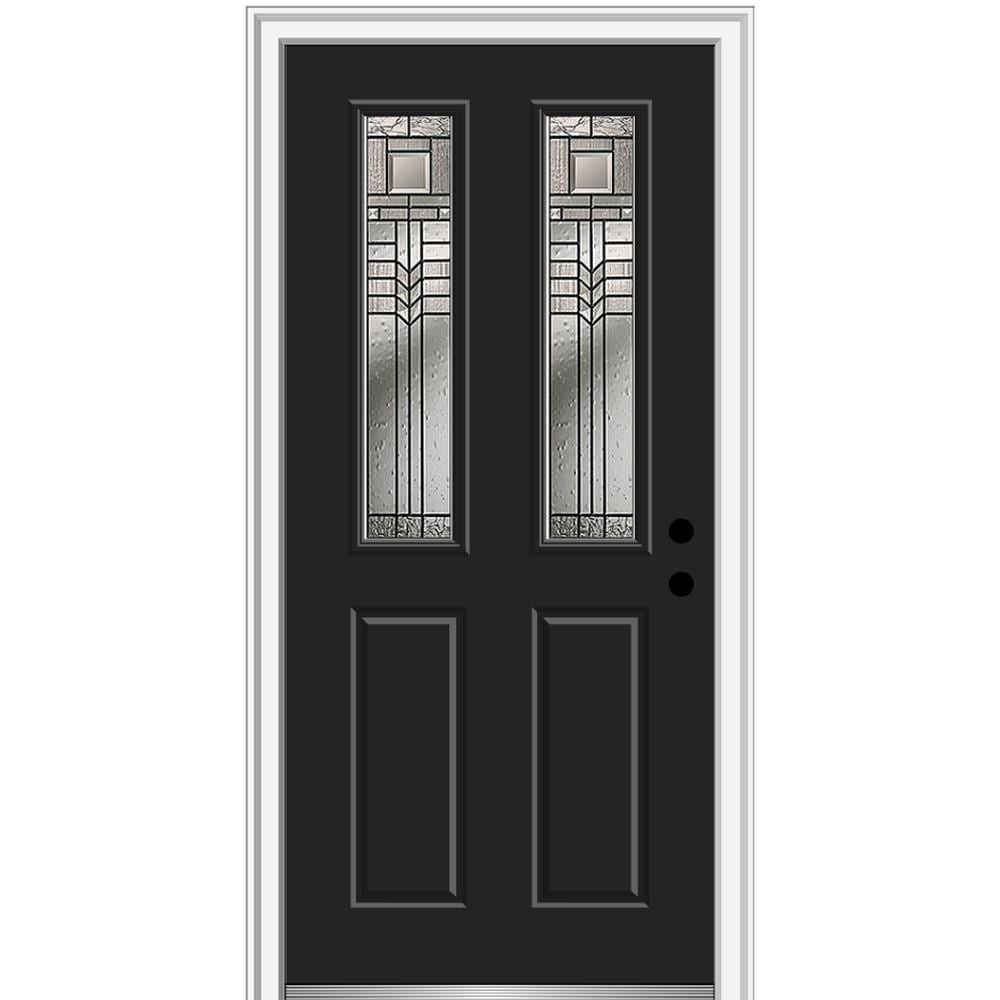MMI DOOR ZZ3664572L 34-in x 80-in x 6-9/16-in Fiberglass Twin lite Left-hand inswing Black Painted Prehung Front Door with Brickmould Insulating core