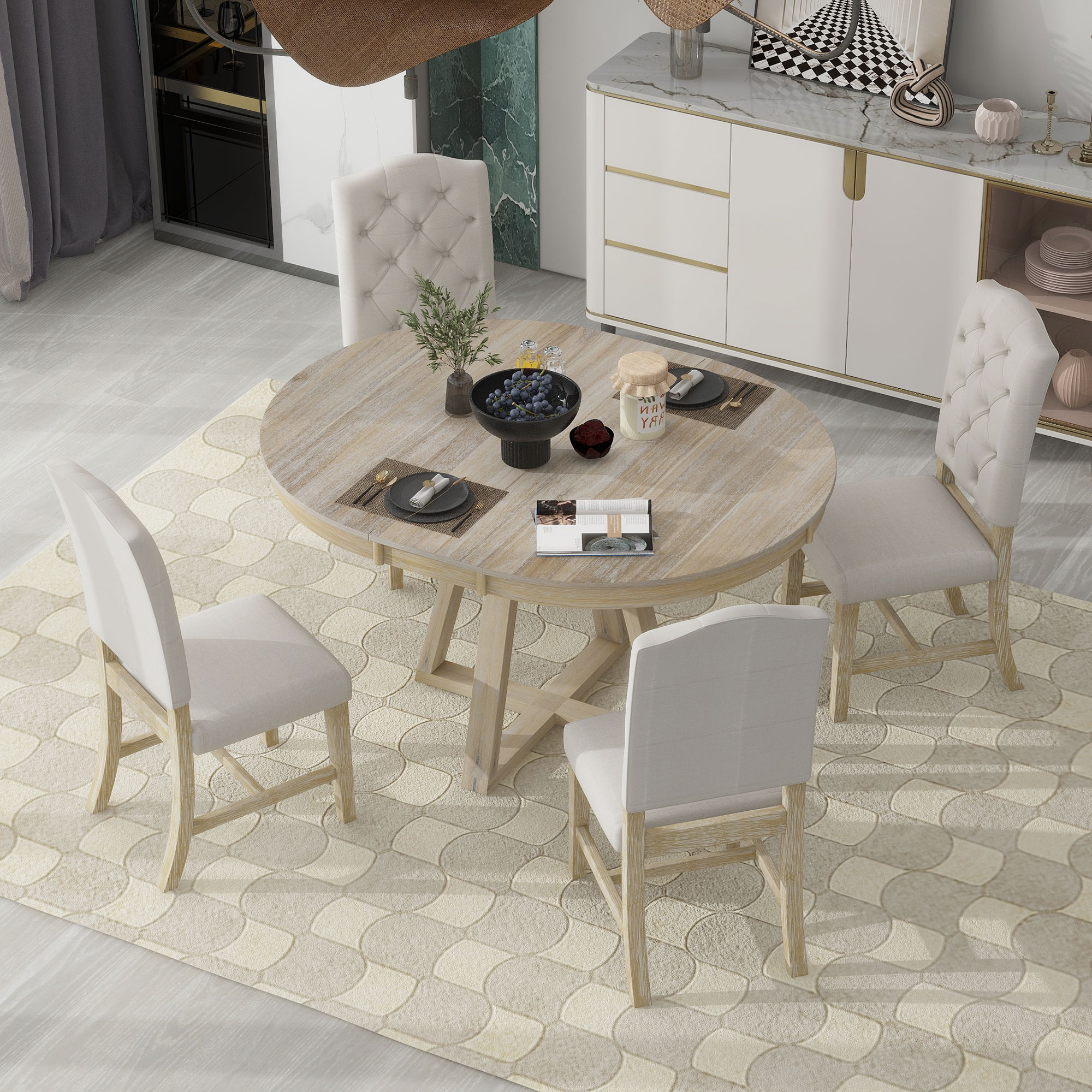 ModernLuxe ST000094AAN 5Piece Retro Functional Dining Set Round Table with a 16inchW Leaf and 4 Upholstered Chairs for Dining Room and Living Room Natural