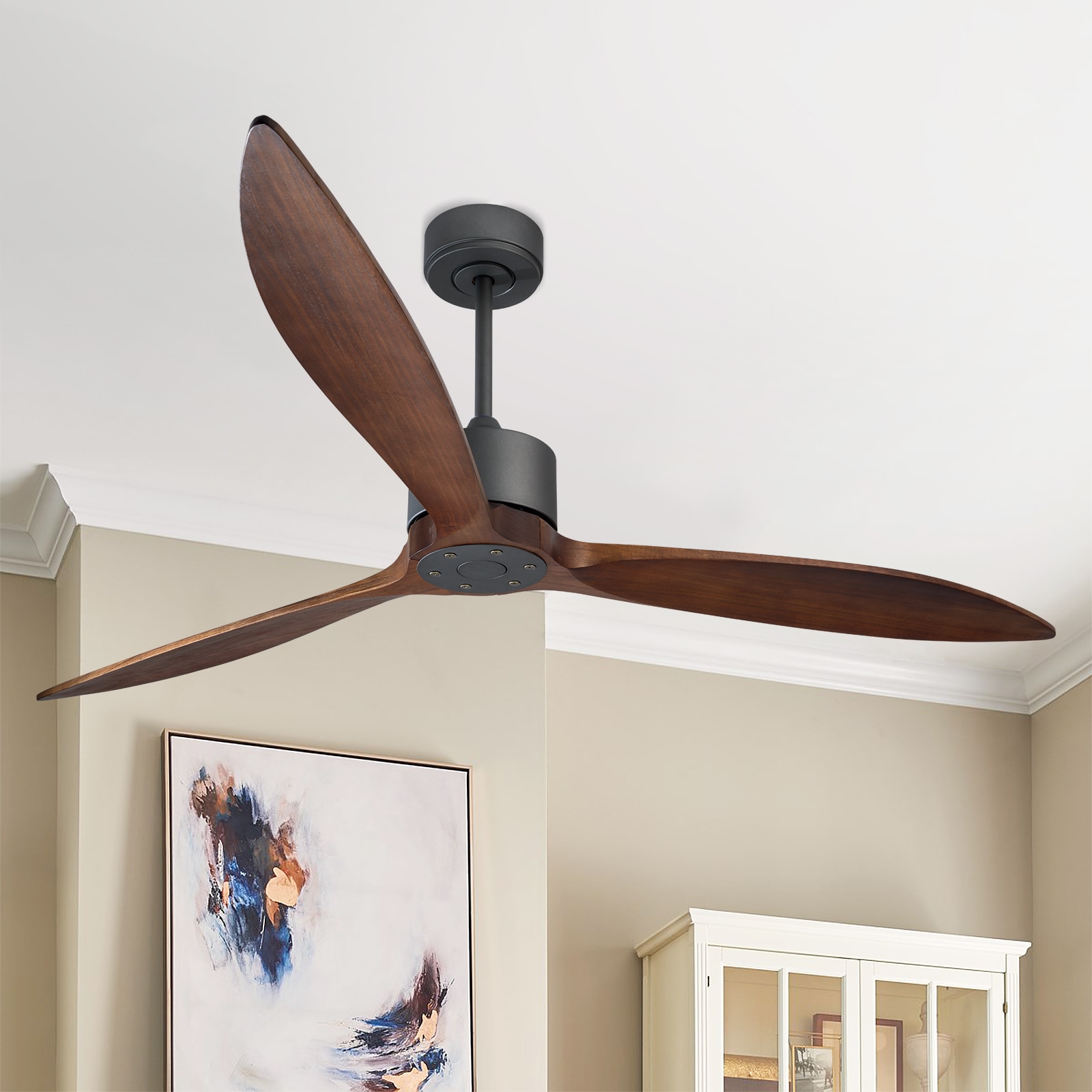 WELLFOR GASL021WT 65-in Jet Black with Brown Blades Ceiling Fan Without Light - Remote Included ( 3 -Blade )