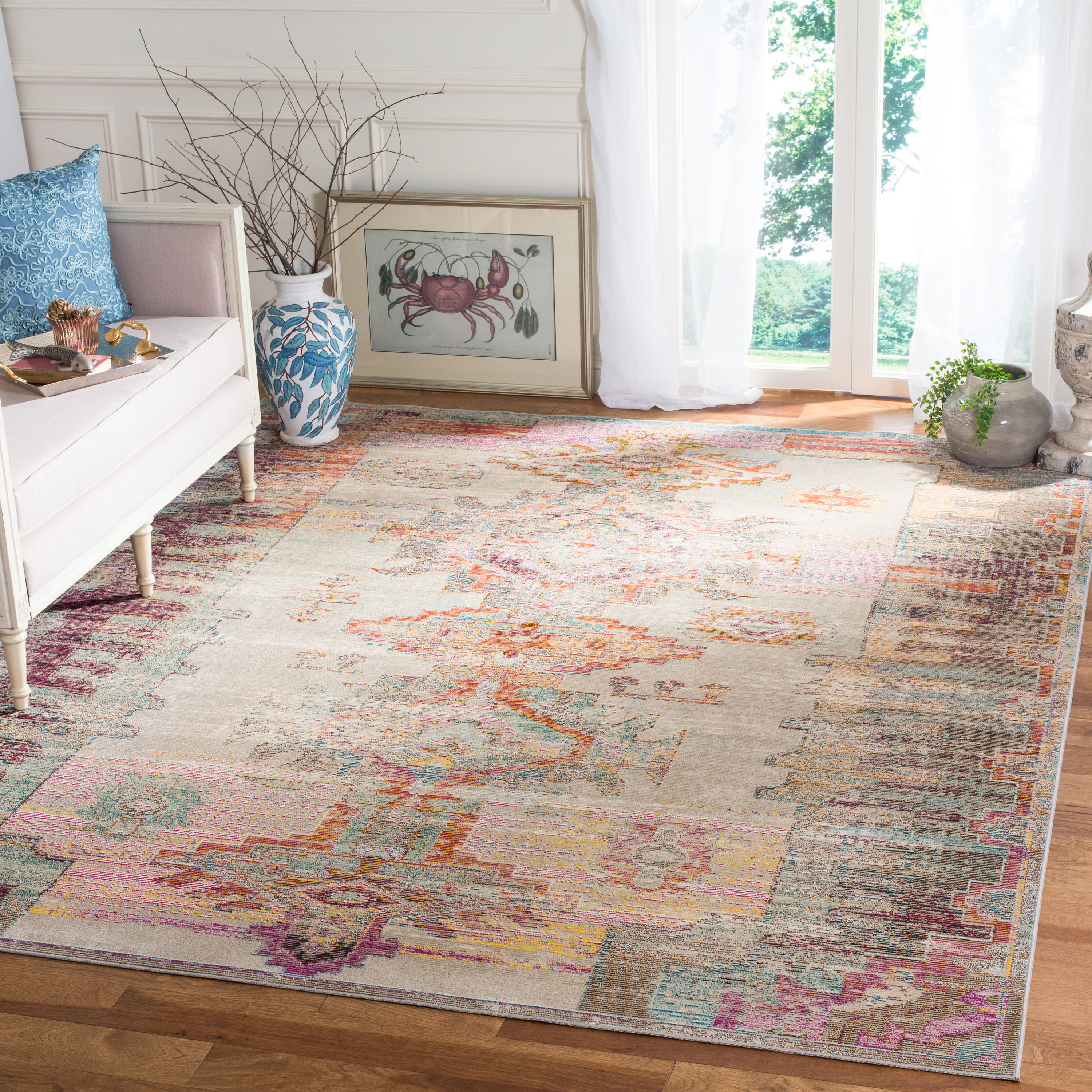 Elysian Light Grey & Purple Hand-Knotted 7' Square Oriental Rug