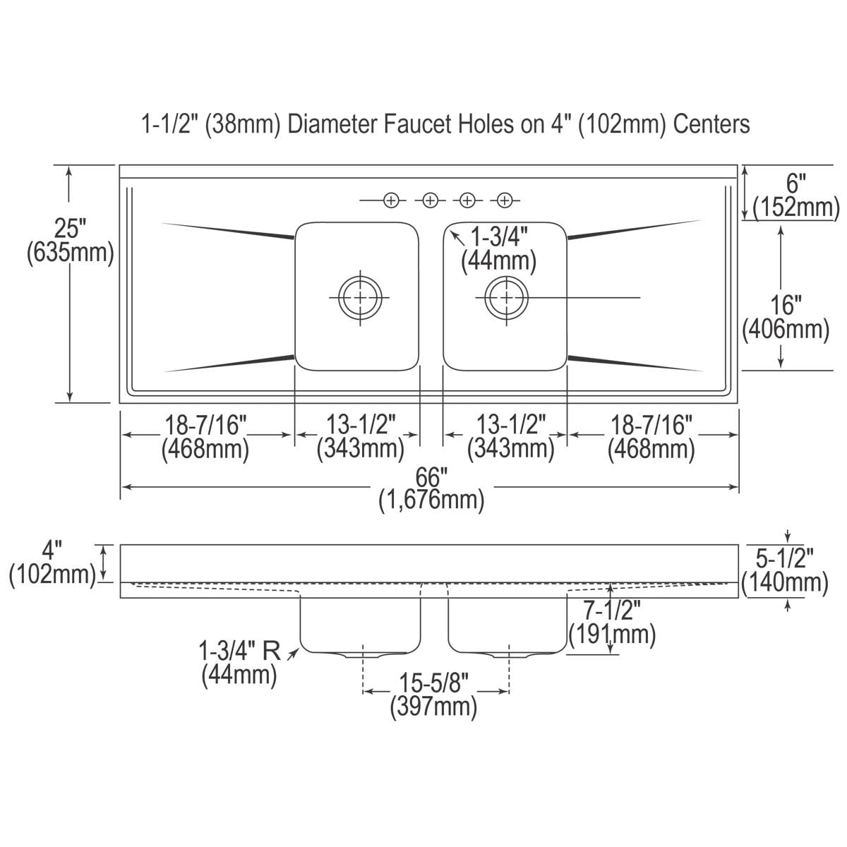 Elkay ILR6622DD5 66 Inch Drop-In Double Bowl Stainless Steel Sink with  18-Gauge, 7-5/8 Inch Bowl Depth, 3-1/2 Inch Drain and Double Drainboard: 5  Holes