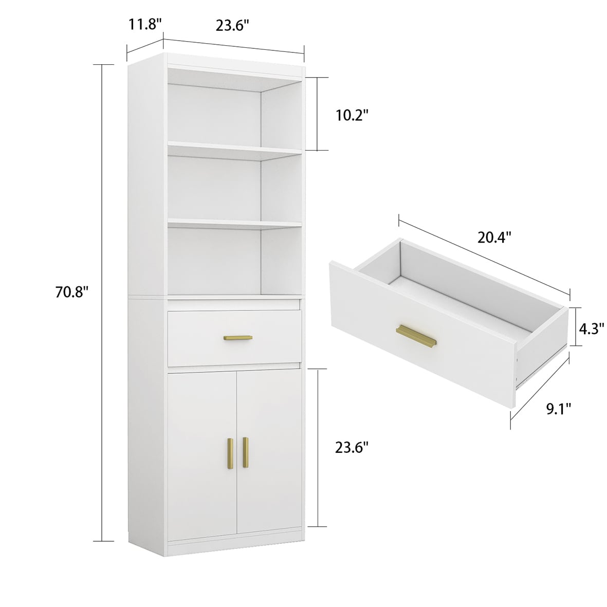 Fufu&gaga White 3-shelf Bookcase With Doors (23.6-in W X 70.8-in H X 11 