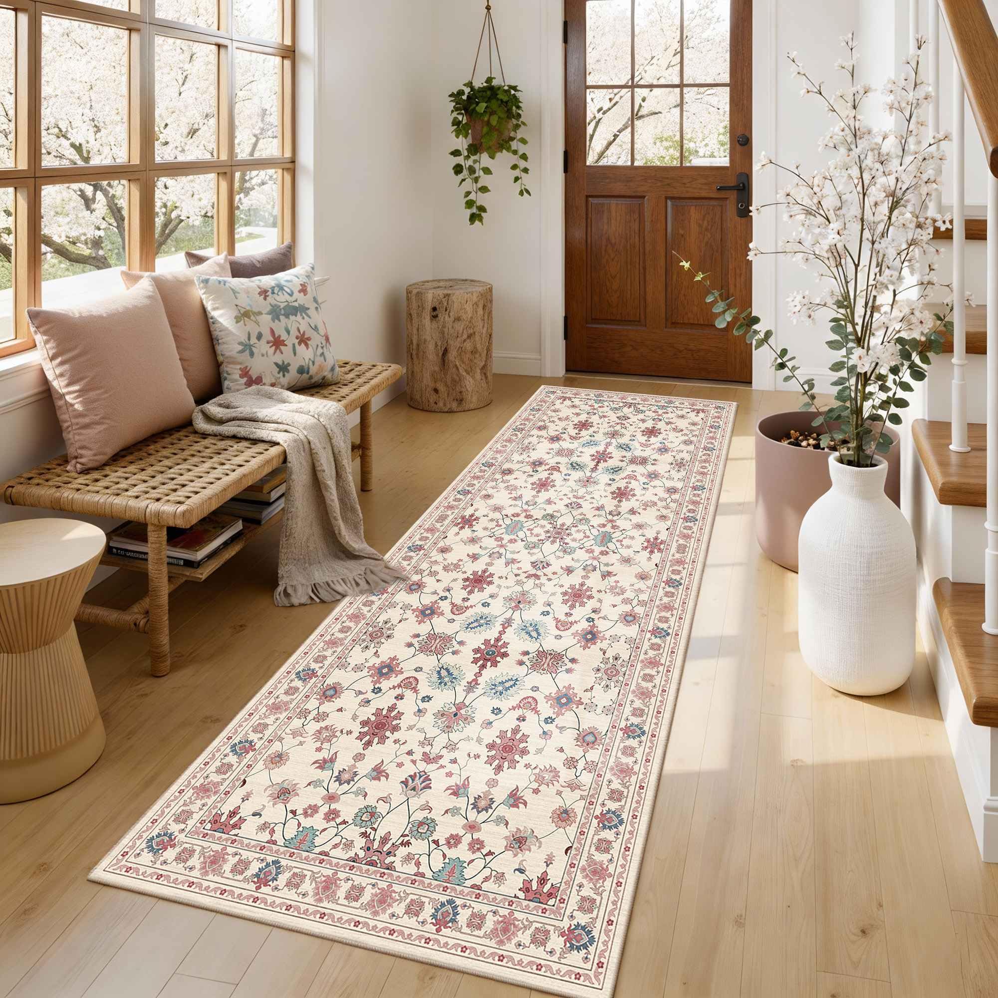 OMOMMD - Blush Pink Floral Boho Area Rug Washable Non Slip Soft Low Pile Indoor Carpet For Home D...