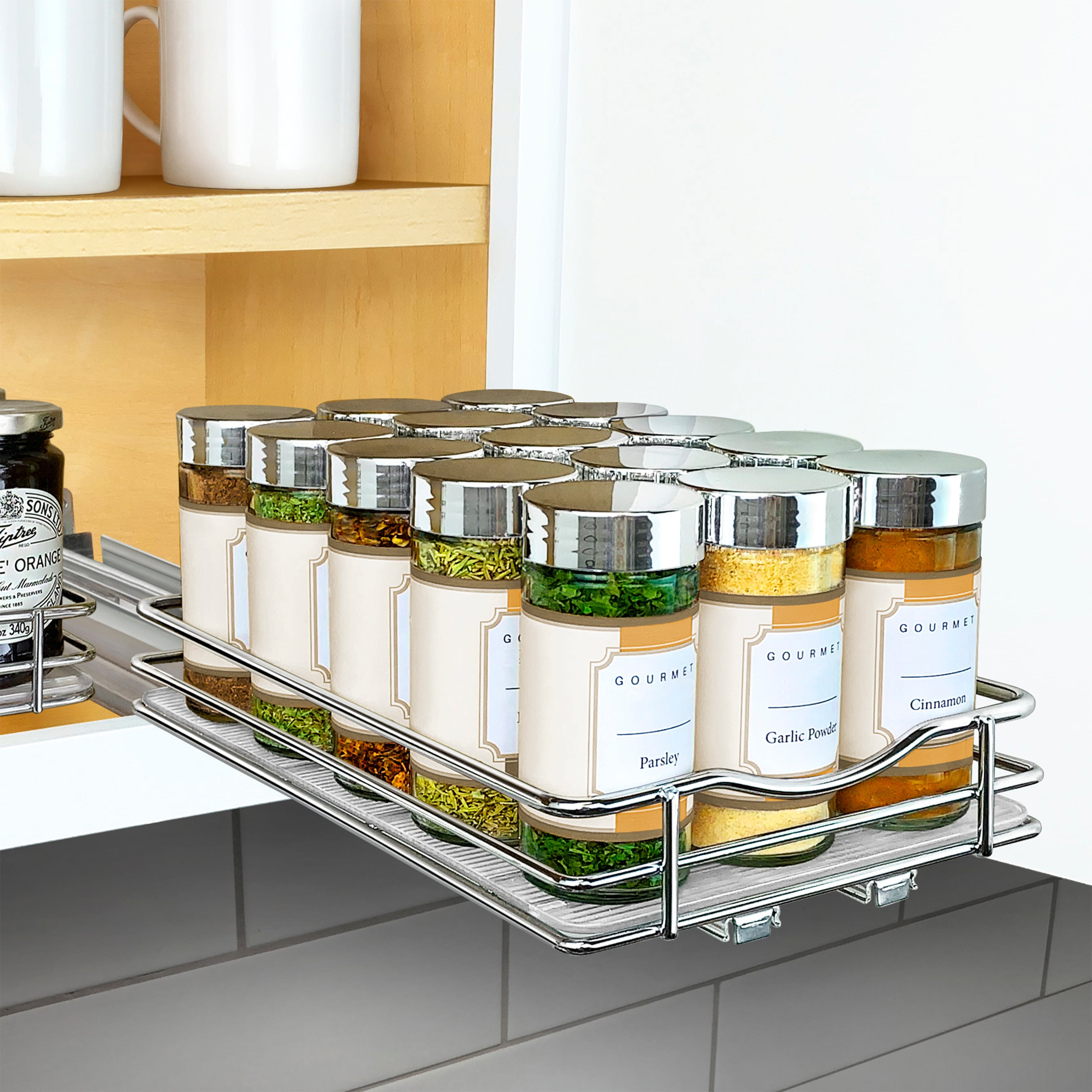 Cabinet Caddy Snap! Sliding Spice Rack Organizer for Cabinet, Just Pull & Rotate, 3 Snap-In Shelves Adjust for 5 Levels of Storage, Magnetic Modular