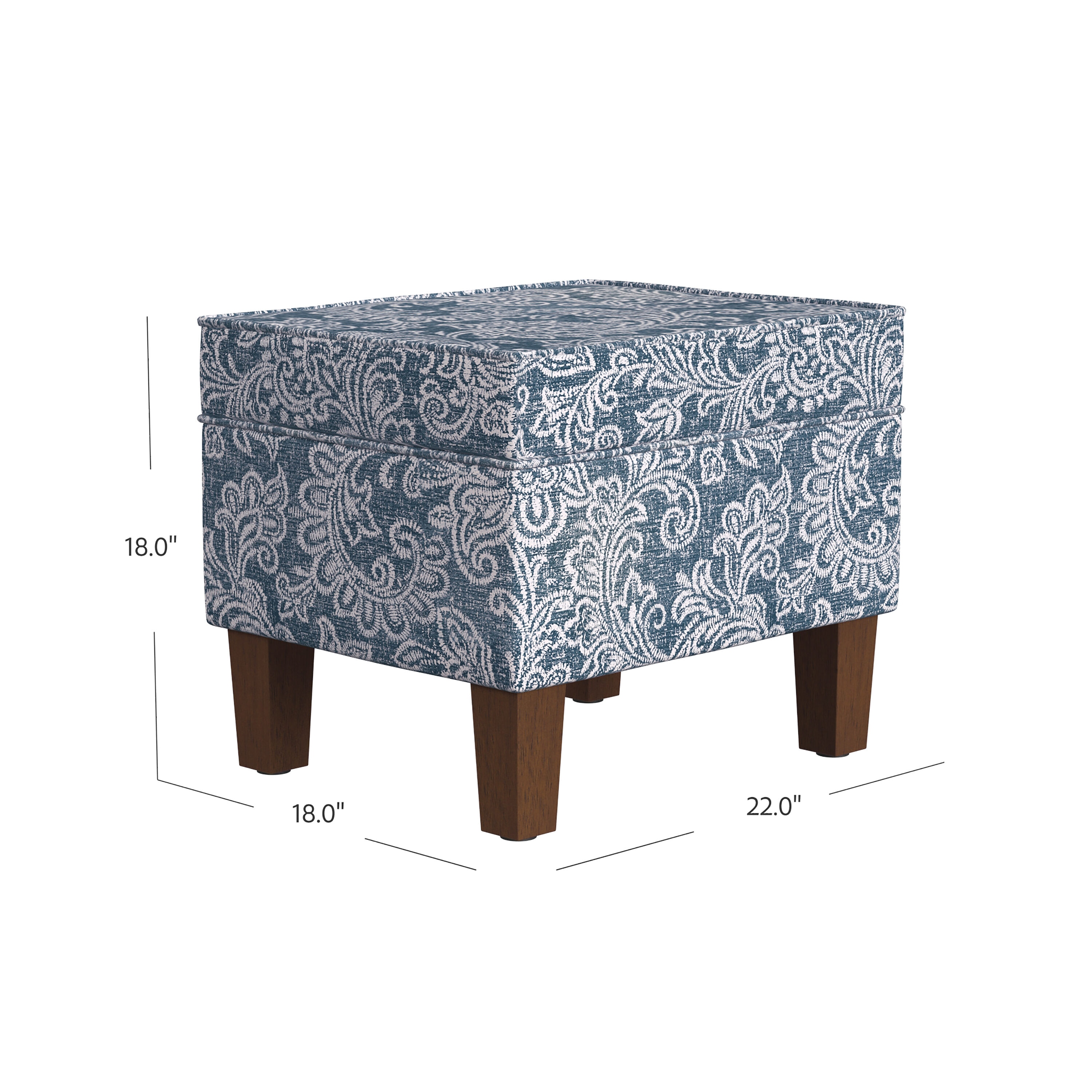 Medium Blue Denim Jacobean Print Storage Ottoman with Hinged Lid