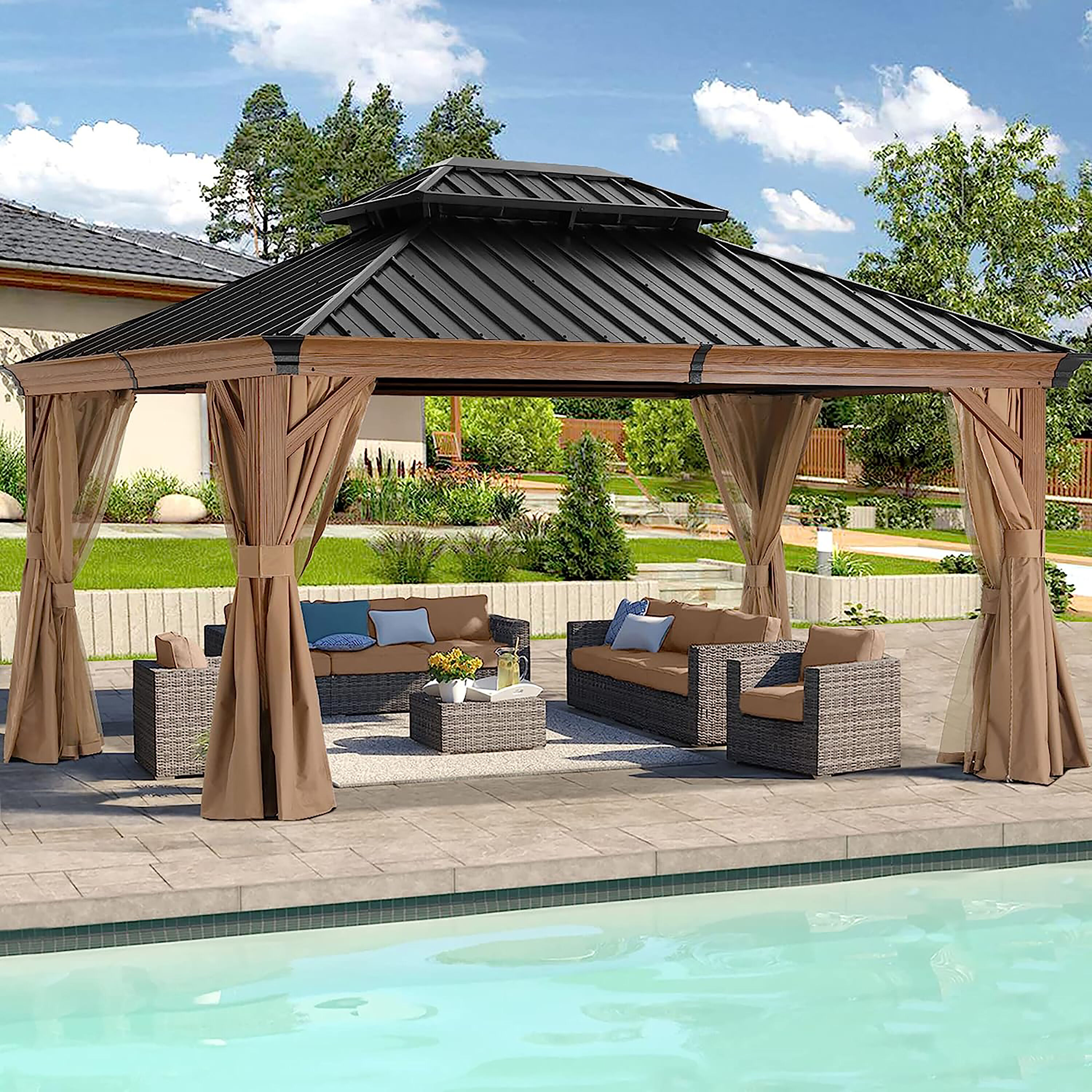 ABCCANOPY 16-ft x 12-ft Rectangle Wood Looking Metal Steel Roof Gazebo ...