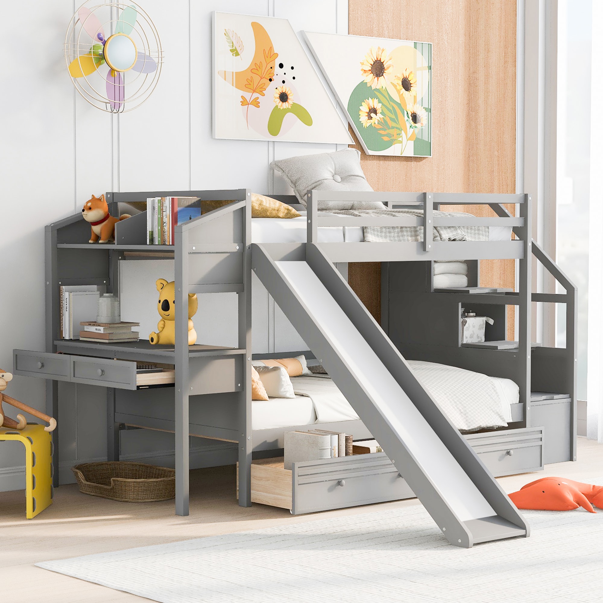 ModernLuxe SM001811AAE Twin over Twin Bunk Bed with Storage Staircase Slide and Drawers Desk with Drawers and Shelves Gray