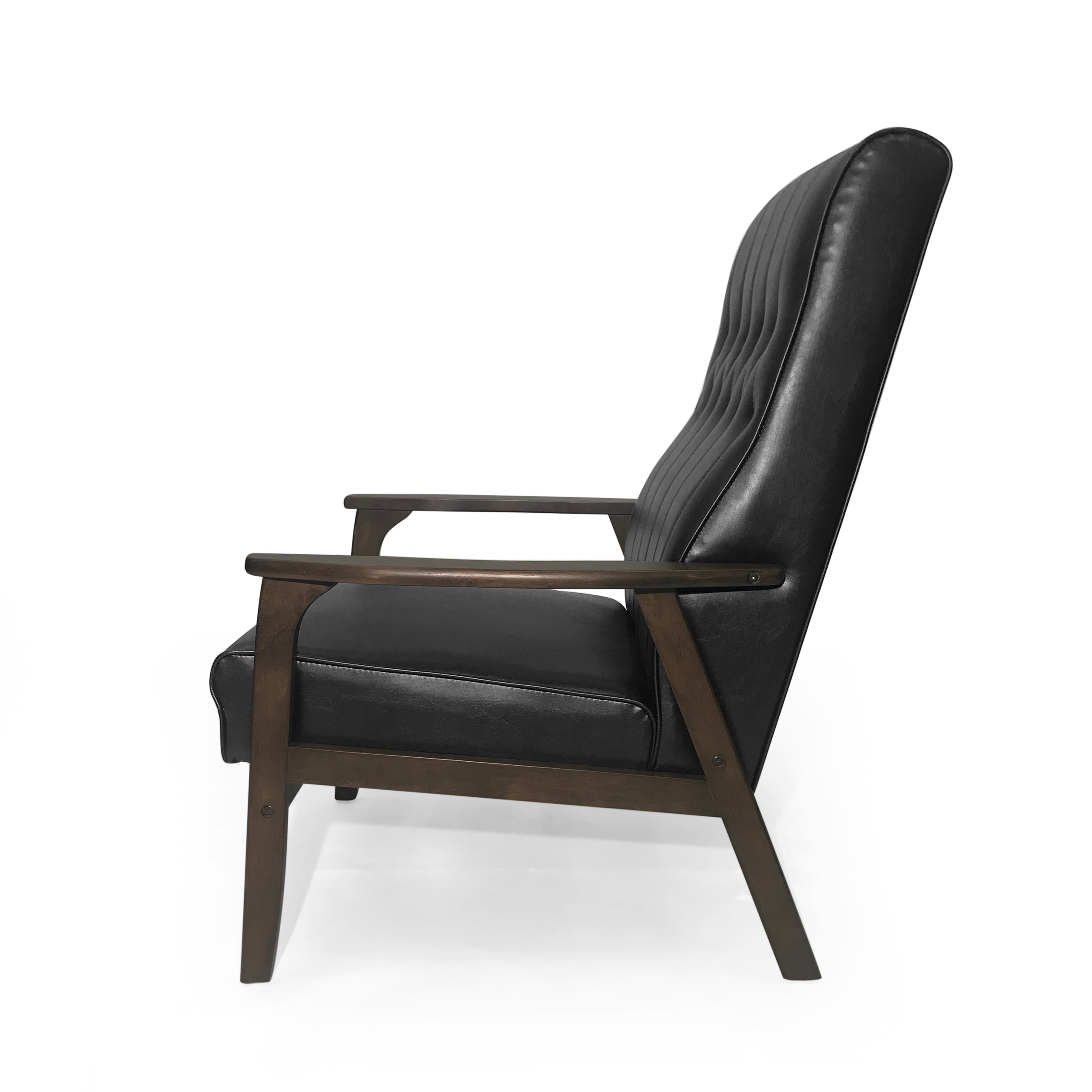 Matte Black Faux Leather and Wood Mid-Century Modern Accent Chair