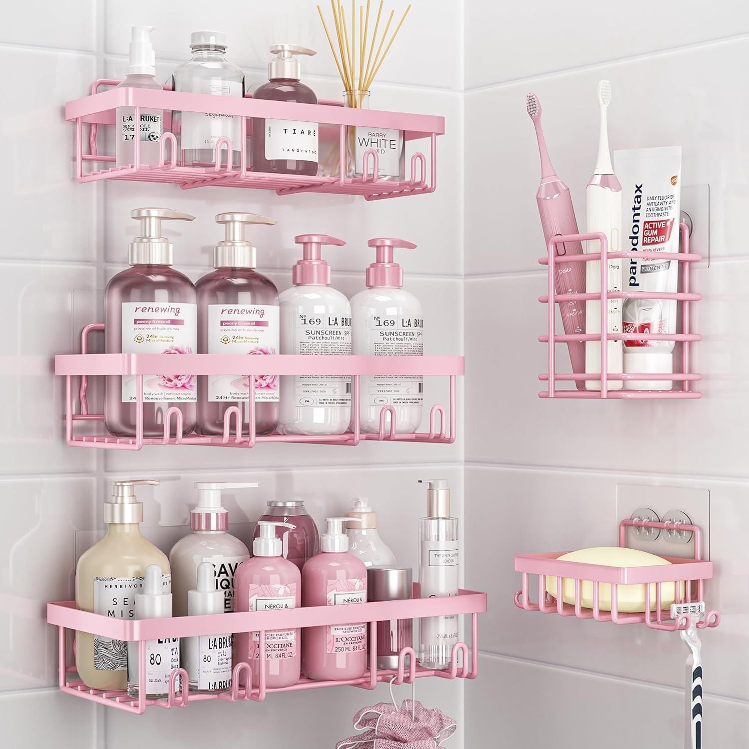 JUSHUA 5 Pack Shower Caddy Organizer Rack Shelf for Inside Shower Adhesive Bathroom Wall Storage Basket Rustproof Stainless Steel Shampoo Holder Girly Bathroom Accessory Decor Set Pink