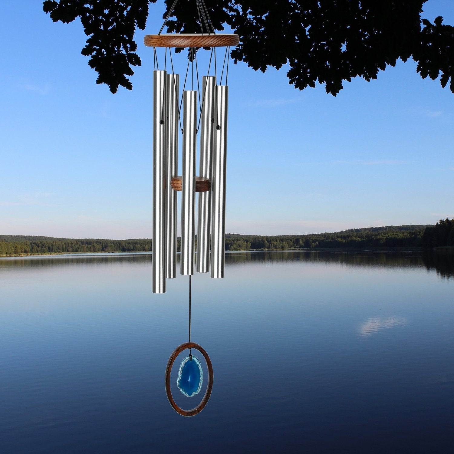 Blue Agate and Metal Wind Chime with Wooden Frame