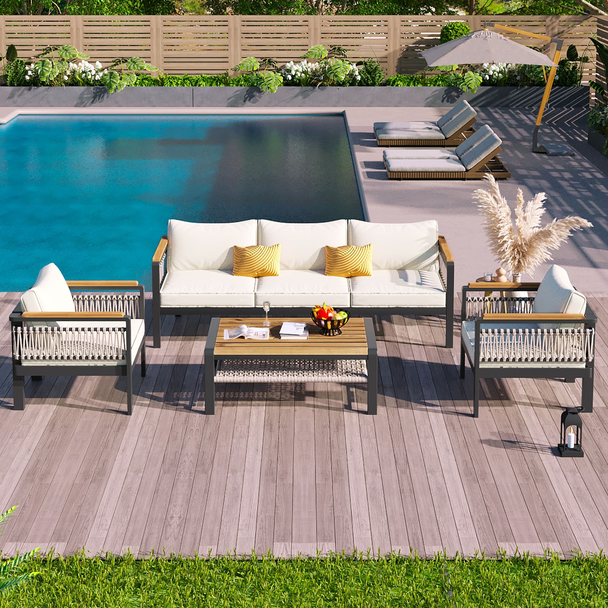 Black Steel 7-Piece Outdoor Dining Set with Cushions