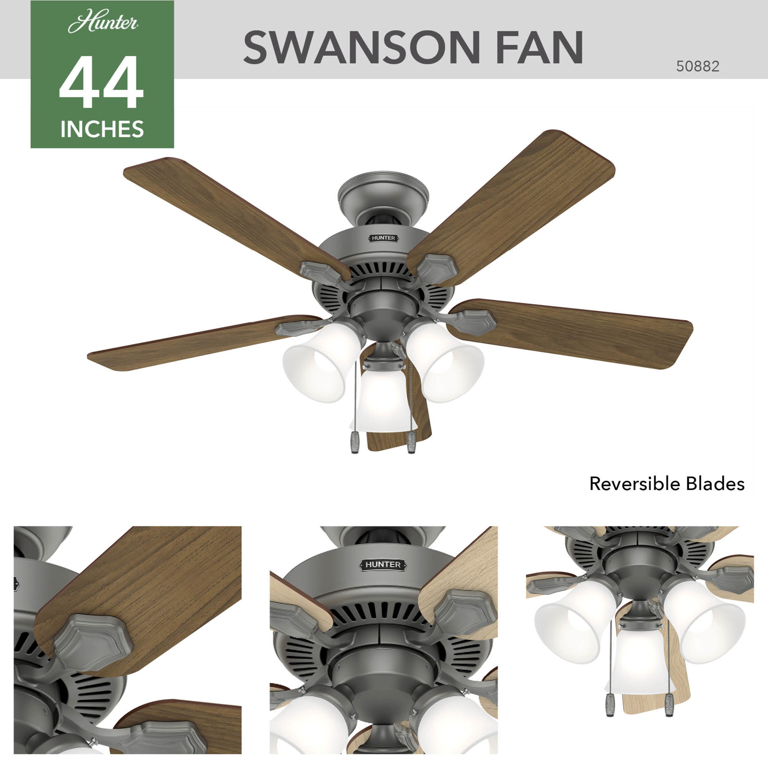 Hunter Swanson 44-in Matte Silver LED Indoor Ceiling Fan with Light (5 ...