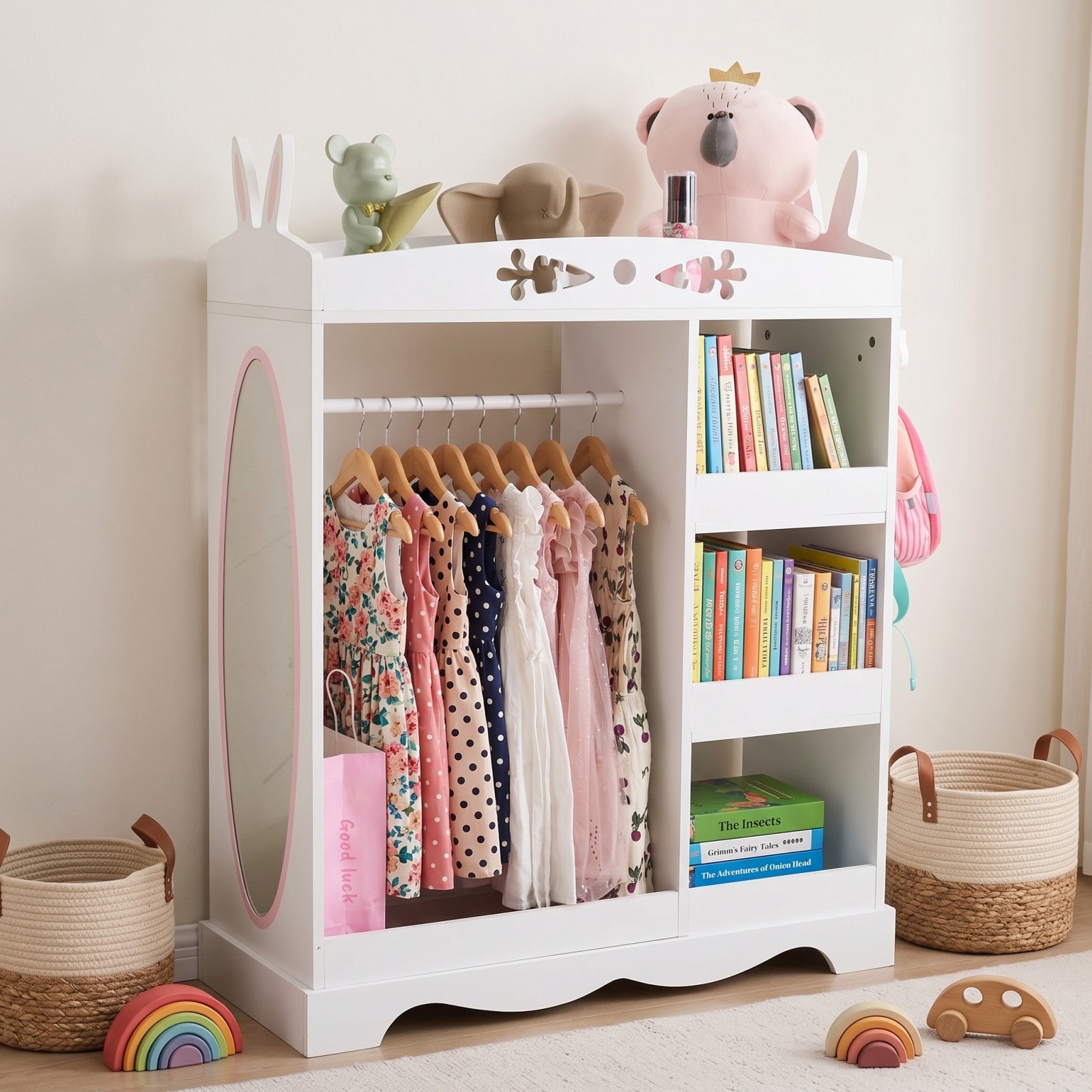 GlasFlength - 33.5 Inch Closet Systems Kids Wardrobe Closet Component Parts with Mirror 3 Shelve...