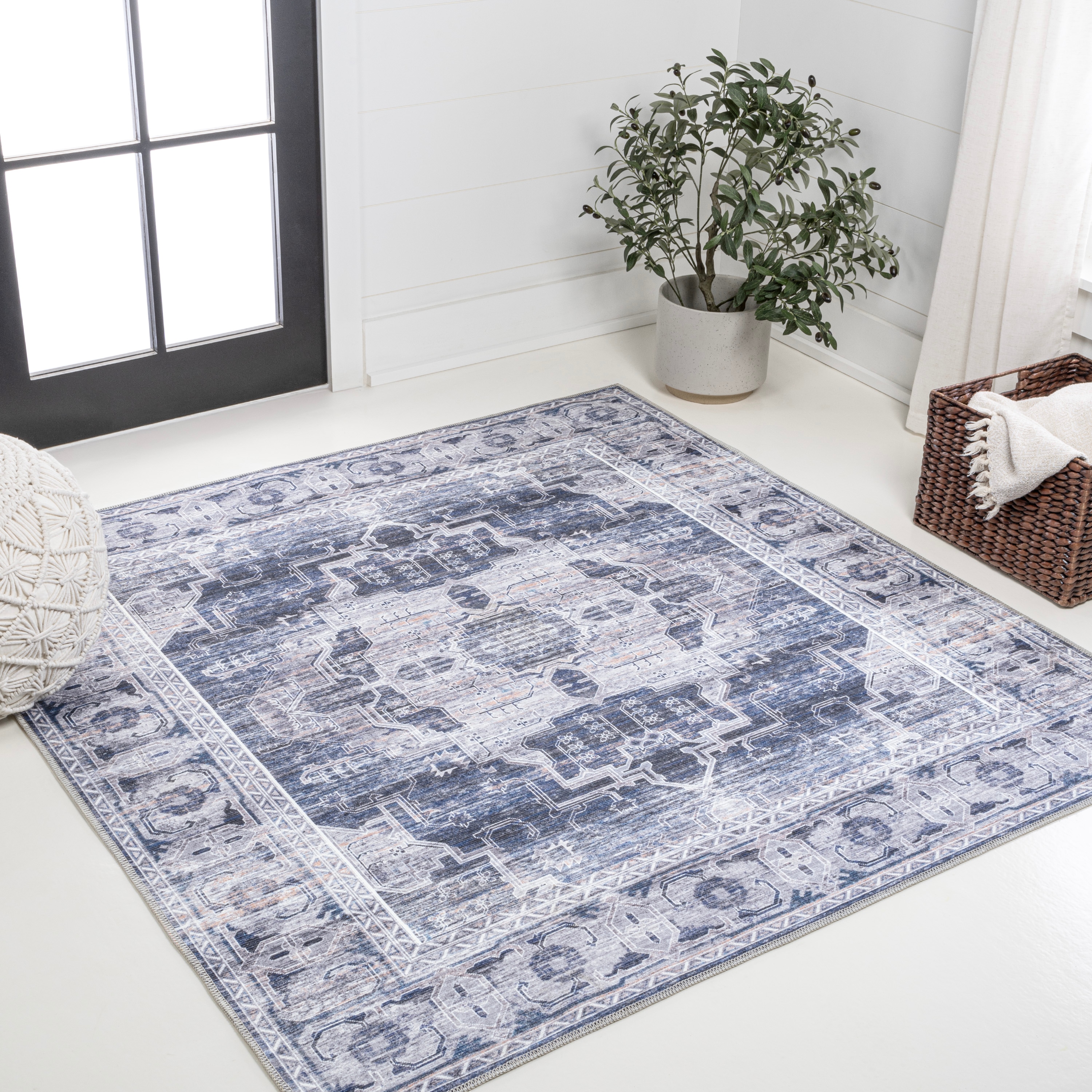 JONATHAN  Y WSH100A-6SQ WASHABLE Alanya Ornate 6 x 6 (ft) Loomed Polypropylene Navy/Cream Square Indoor Medallion Bohemian/Eclectic Machine washable Area rug