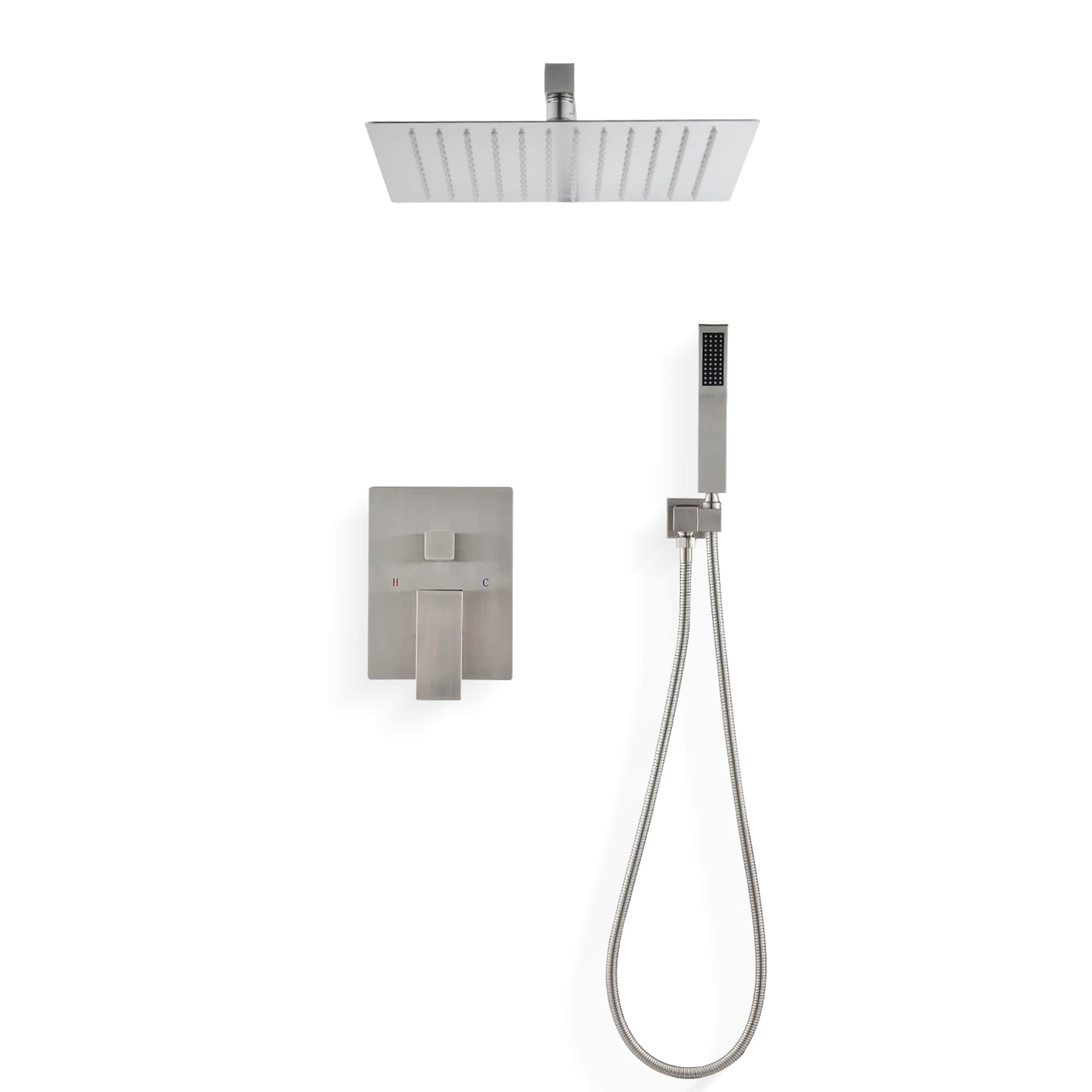Mondawe MOEB102-12BN Brush Nickel 12-Inches Waterfall Dual Head Built-In Shower Faucet System with 2-way Diverter ( Pressure-balanced Valve Included )