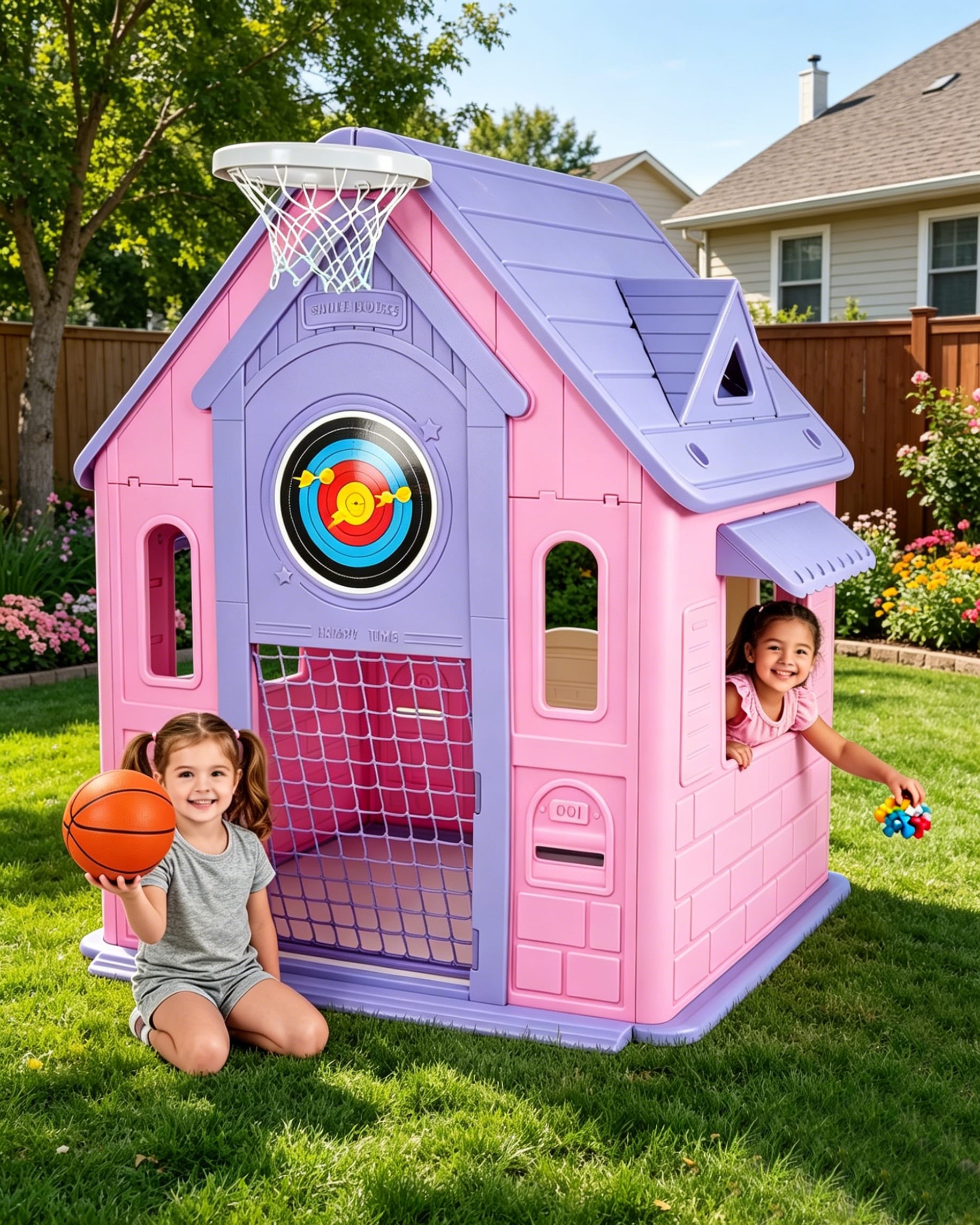 GarveeLife 5 in 1 Kids Playhouse with Basketball Hoop Soccer Goal Dartboard Ring Toss Indoor Outdoor Cottage Playhouse for Toddlers and Kids