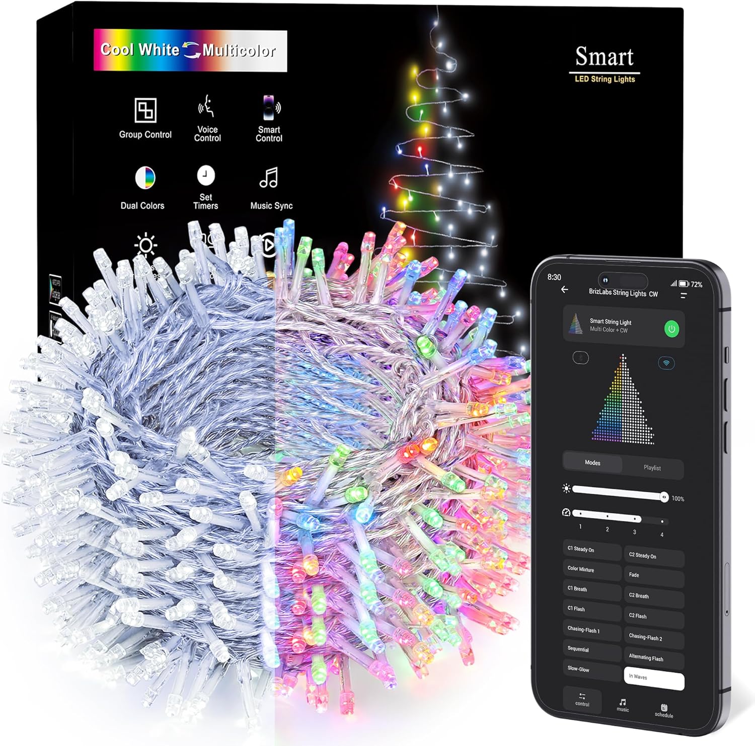 BrizLabs  Multicolor and Cool White Color Changing Smart Christmas Lights 180 Feet 500 LED Christmas Tree Lights with App and Voice Control Dimmable Xmas Lights Clear Wire for Indoor Outdoor Xmas Tree Decor