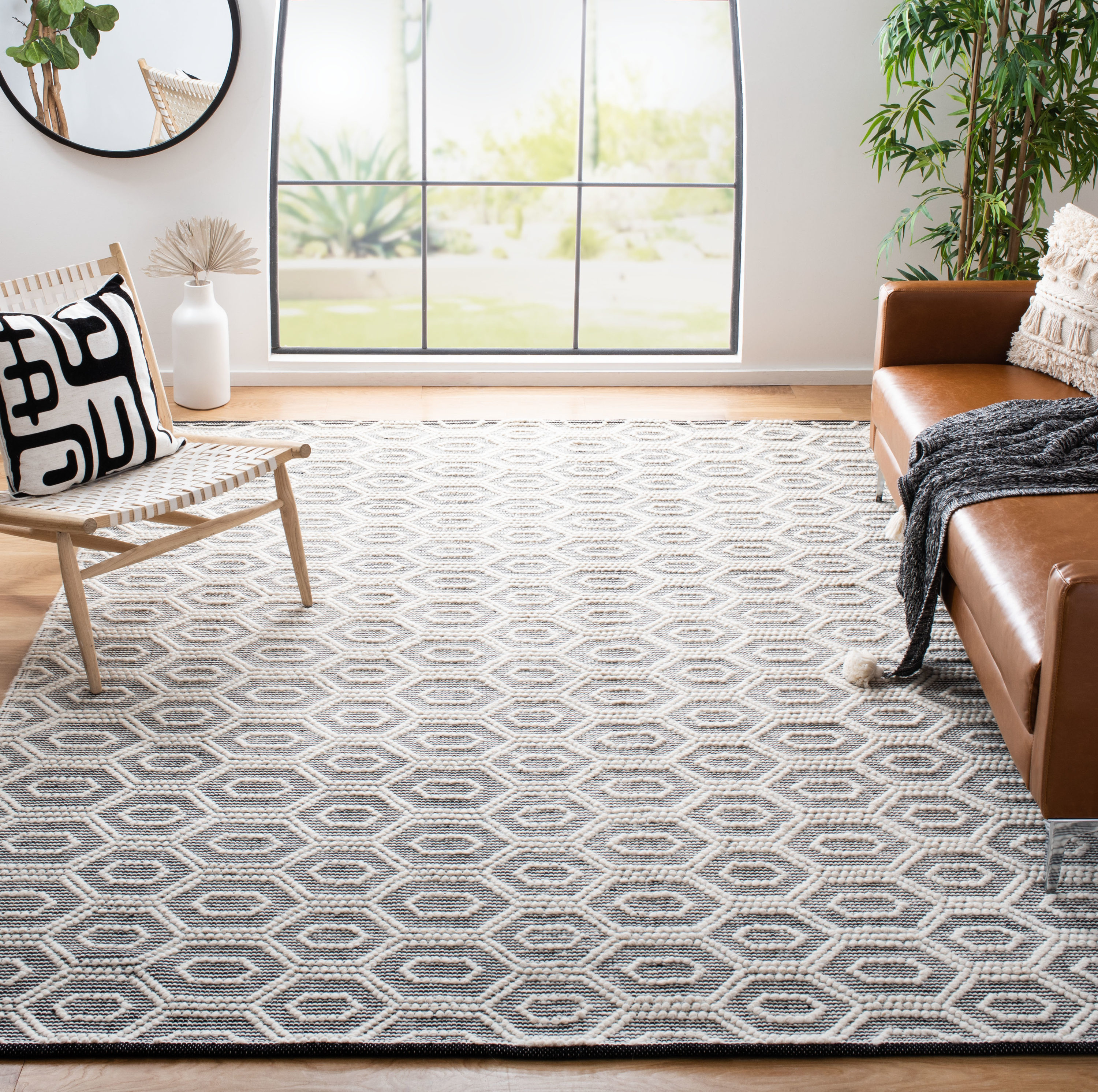 Ivory and Black Hand Woven Wool Square Area Rug 6' x 6'