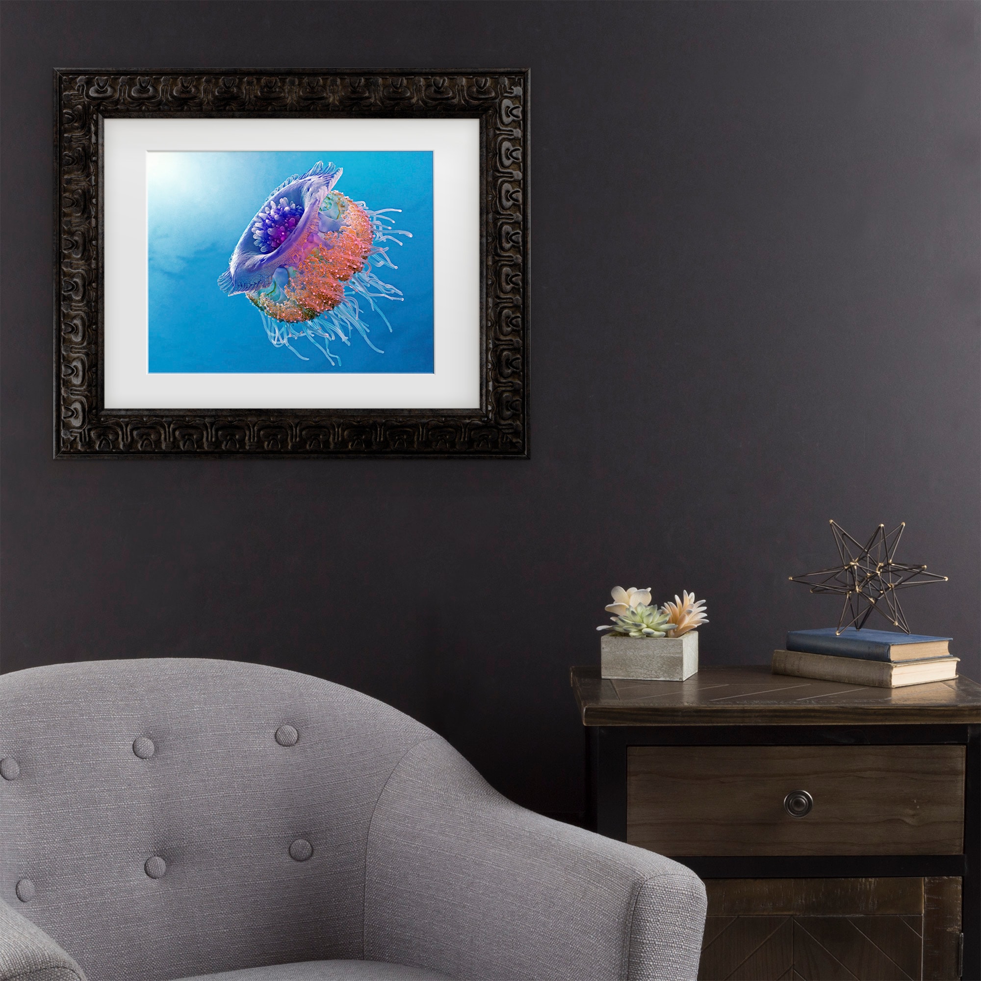Trademark Fine Art 1X10268-DG1114MF Crown Jellyfish Henry Jager Dark Gold Frame Wood Framed 11-in H x 14-in W Modern Canvas Print