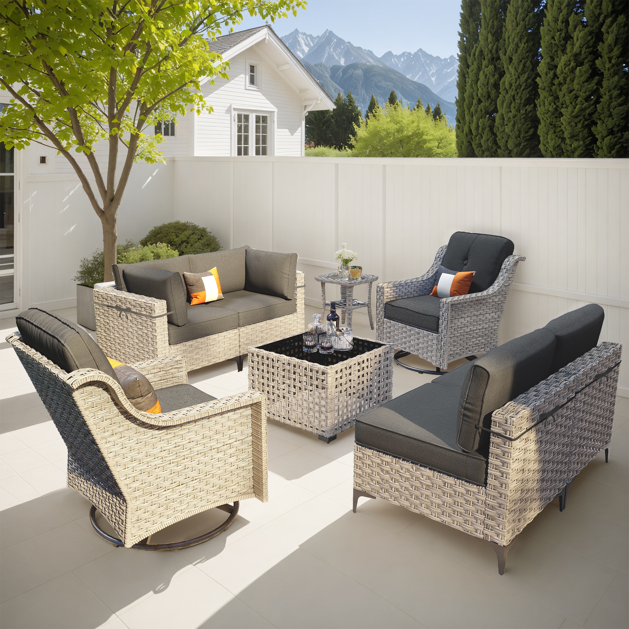 Pouuin SYZKT105 5 -Piece Wicker Patio Conversation Set with Black Cushions