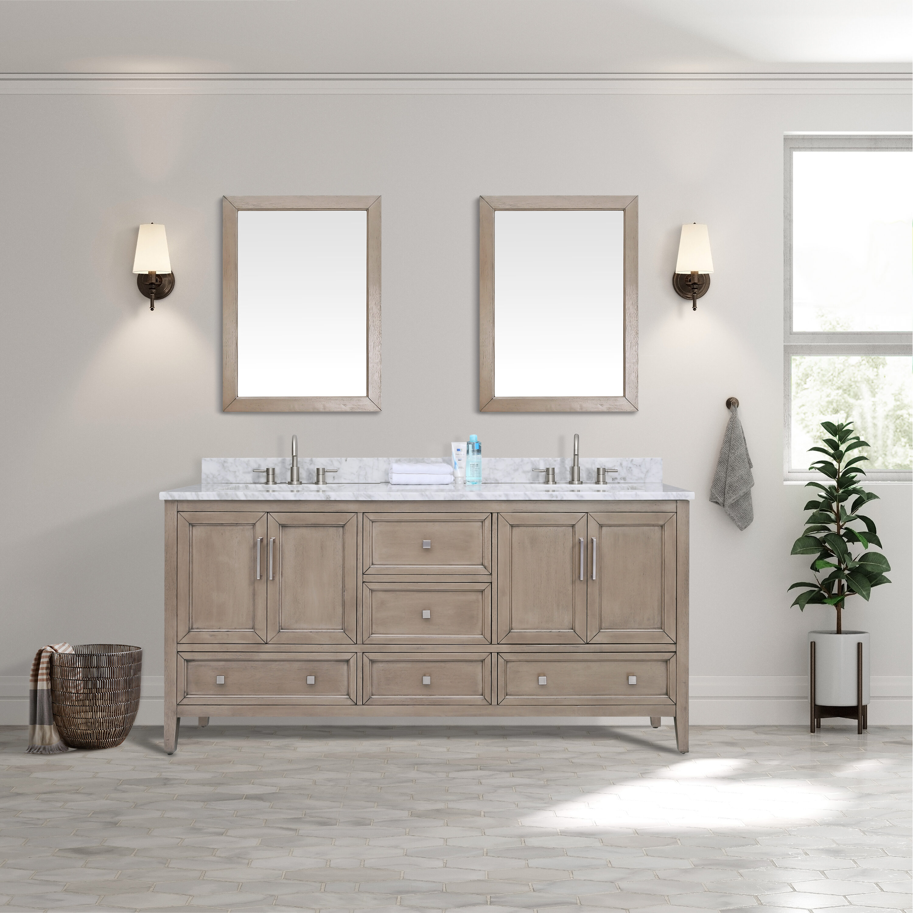 Avanity EVERETTE-VS73-WD-C 73-in Gray Oak Undermount Double sink Bathroom Vanity with Carrara white Marble Top