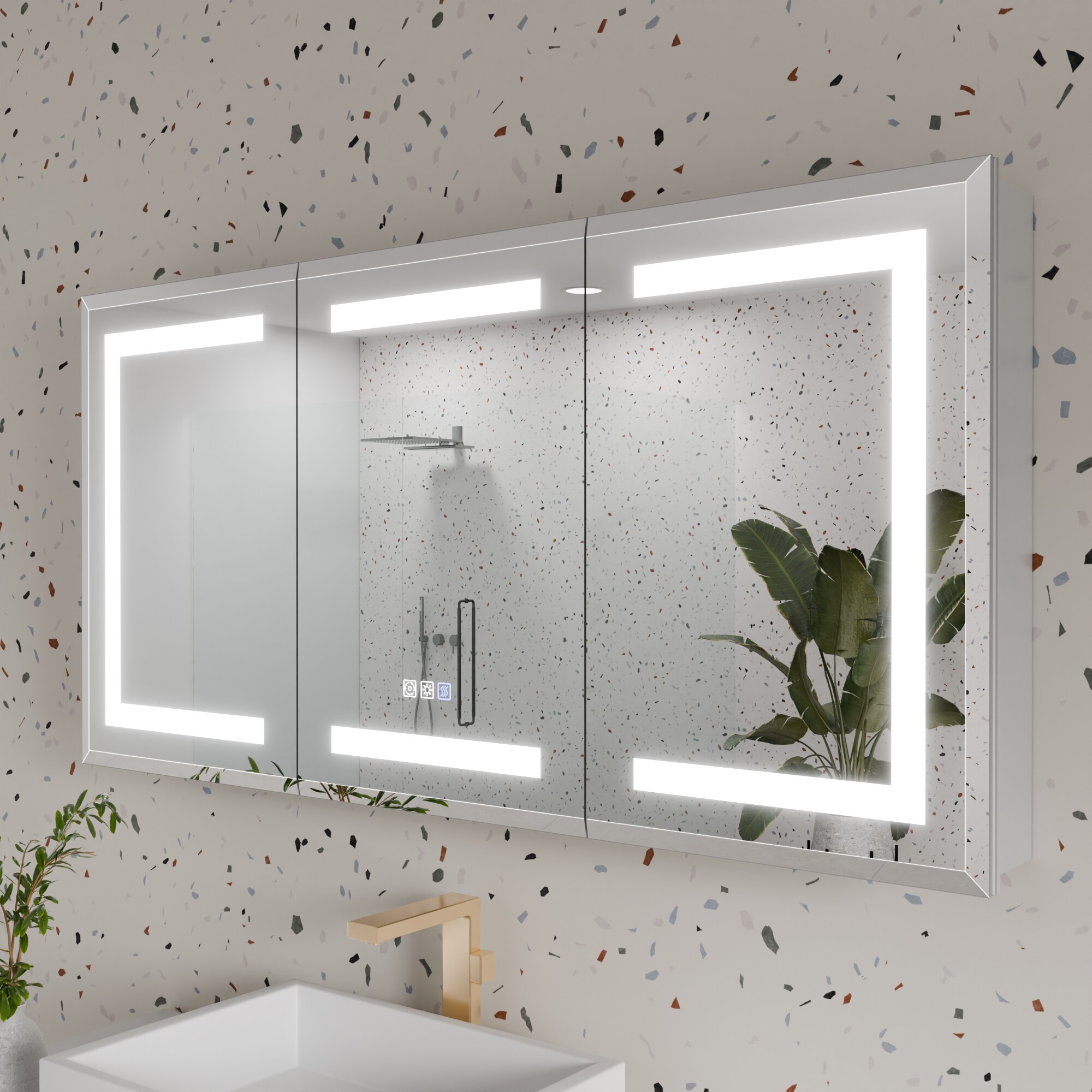 WELLFOR EX-MC3632X HH Beveled LED Lighted Medicine Cabinet 48-in x 24-in Lighted LED Fog Free Surface/Recessed Mount Silver Mirrored Rectangle Soft Close Medicine Cabinet