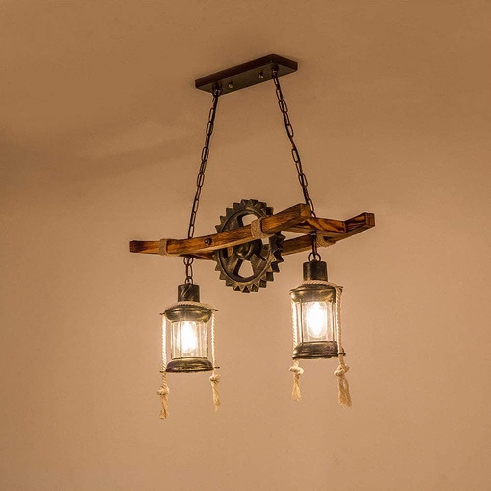 Oukaning HG-HCXLST-3136-US 2 -Light 21.7-in Farmhouse Antique Wood Metal Farmhouse Clear glass Cylinder Medium Hanging Kitchen island light