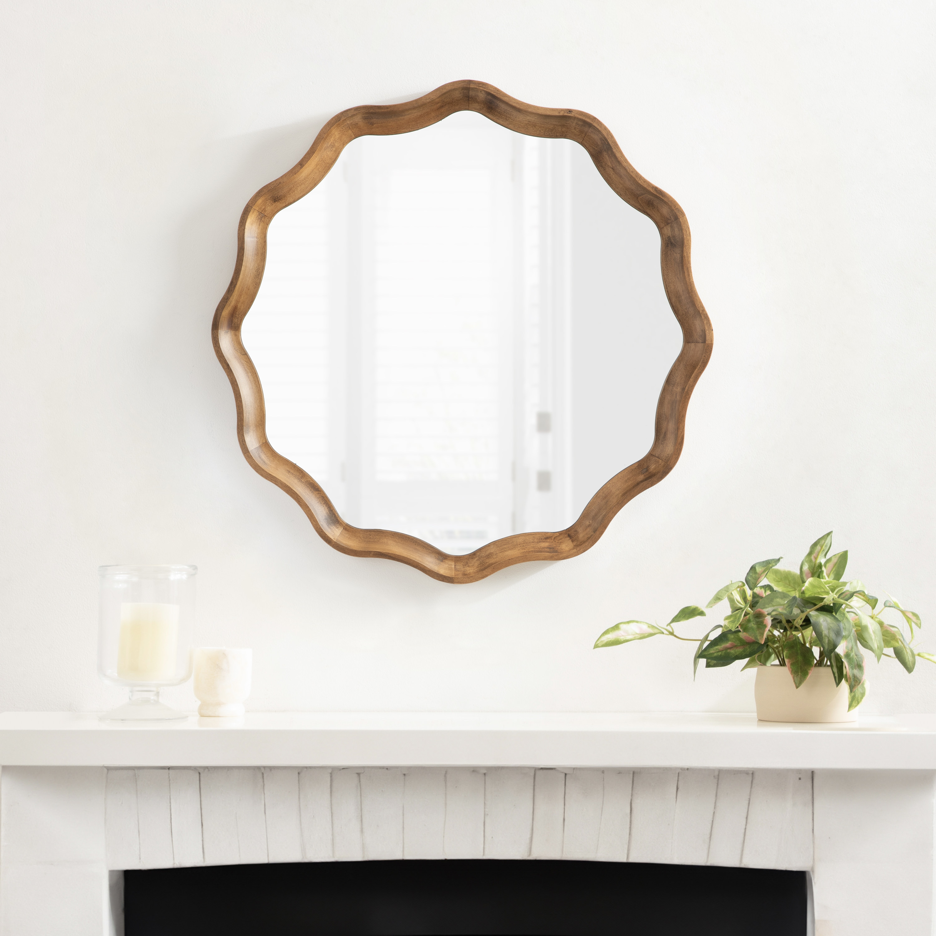 Hatherleigh 28" Rustic Brown Scalloped Round Wood Mirror