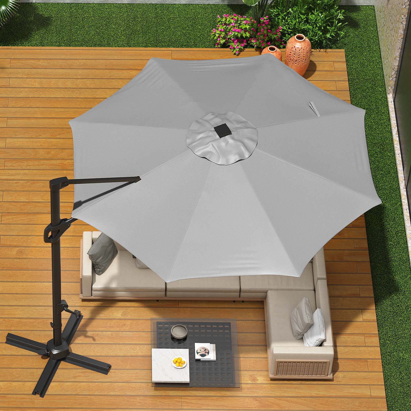 Qeetex SQY-PPG-335NCTJQ 10FT Heavy Duty Cantilever Umbrella 360 Degree Rotation Adjustable Tilt 600D Oxford Fabric Rust Proof Aluminum Frame Cross Base Windproof Sun Shade for Patio Pool Garden Modern Design Grey