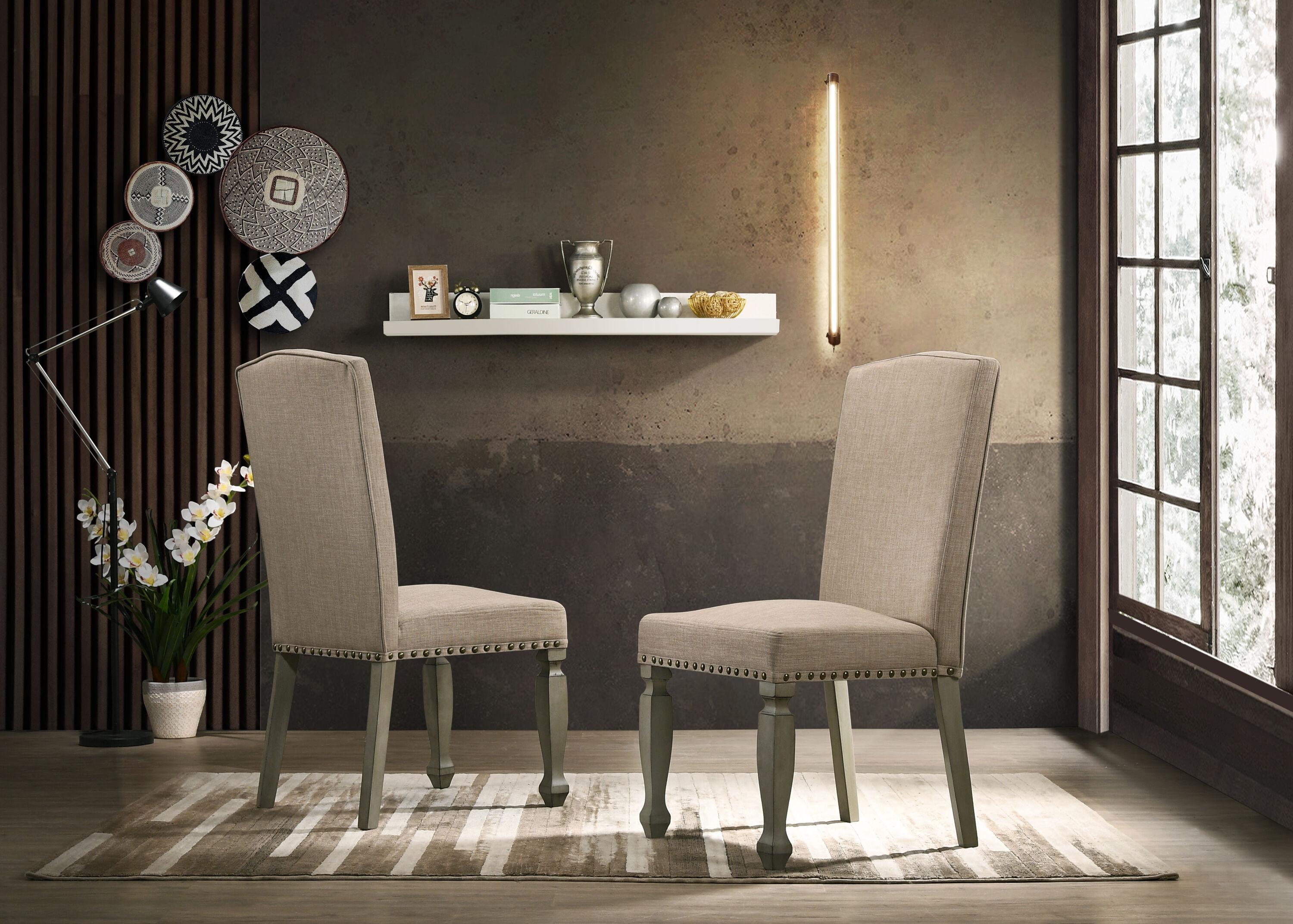 Roundhill Furniture C406 Breda Antique Gray Finish Upholstered Nailhead Dining Chair Set of 2