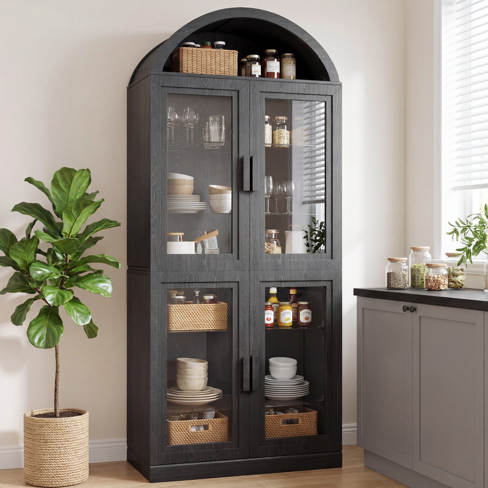 Vynxaria  Black Wood Finish 71 in H 2 Pack Display Cabinet Combo with Curved Arch Glass and Rectangular Glass Storage Cabinet