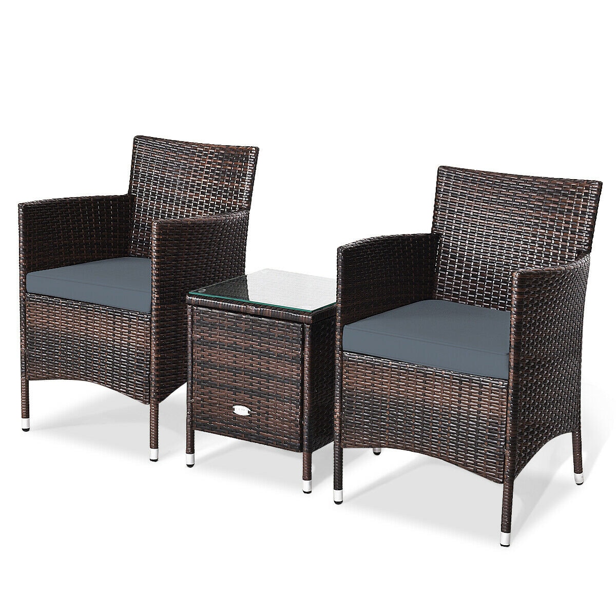WELLFOR OUJ63850GR 3 -Piece Rattan Patio Conversation Set with Gray Cushions
