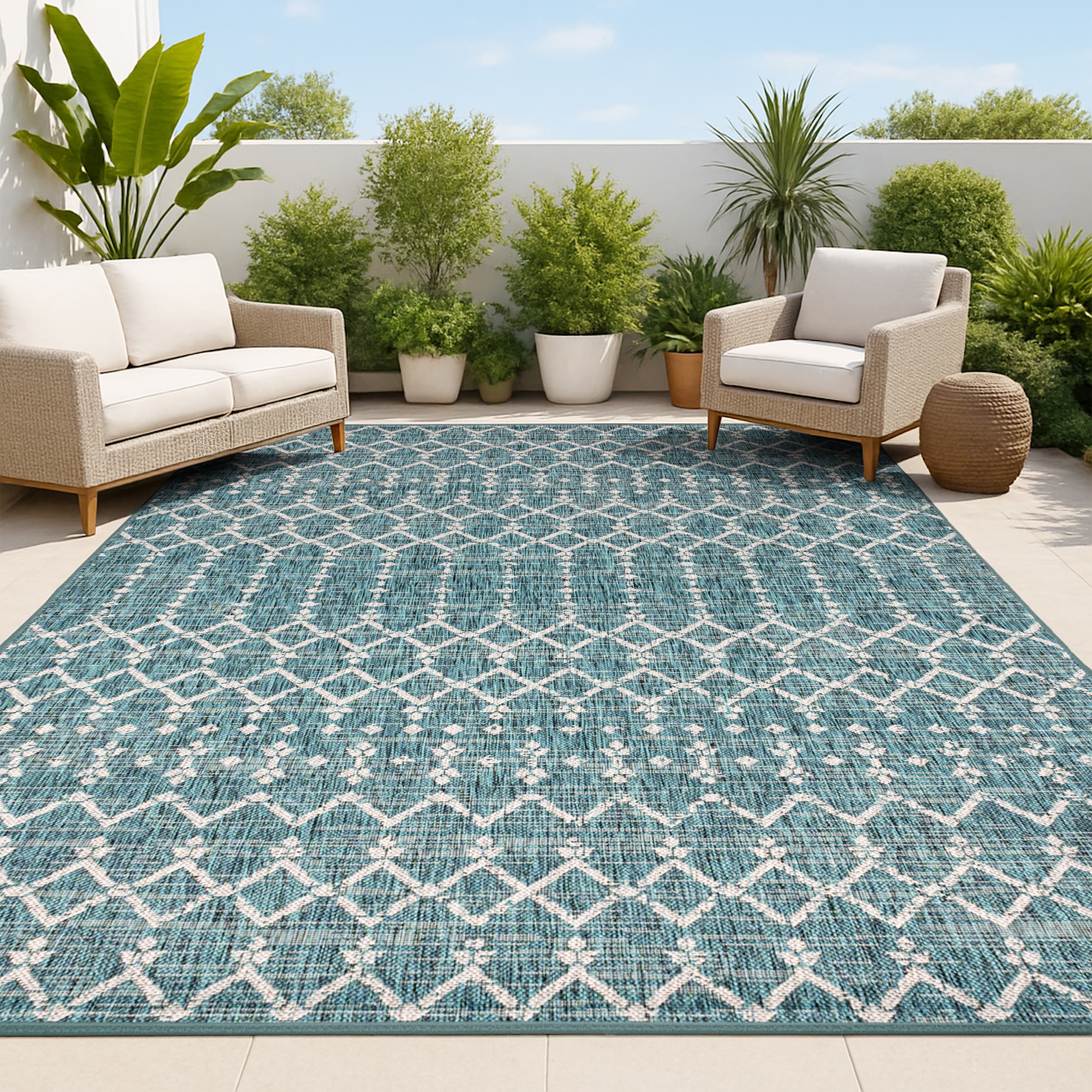 JONATHAN  Y SMB108C-8 Santa Monica Ourika Filigree Textured Weave 8 x 10 (ft) Loomed Polypropylene Teal/Gray Rectangular Indoor/Outdoor Distressed/Overdyed Coastal Area rug