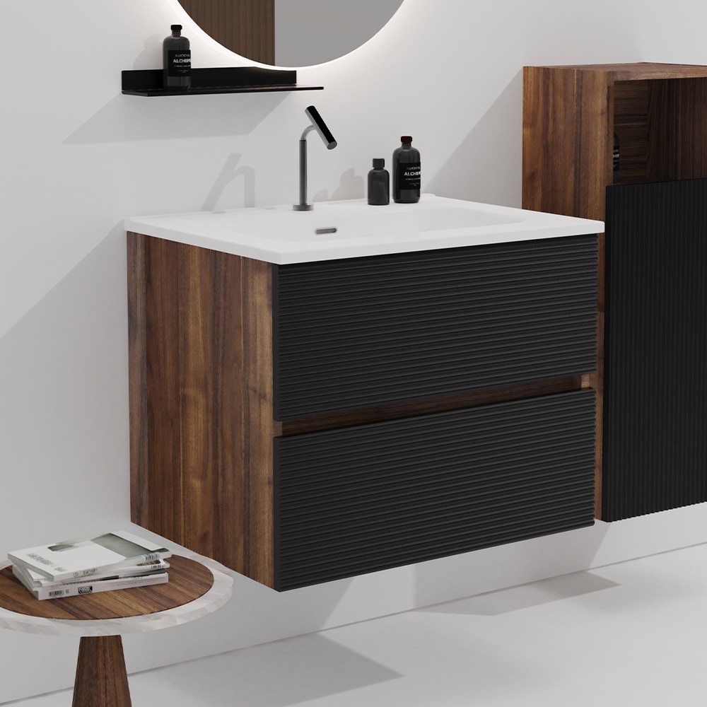 GDFStudio 328486 24 Inches Wall Mounted Soft Black and Walnut Bathroom Vanity with Integrated Ceramic Sink with Overflow Large Storage Floating Bathroom Vanity for Modern Bathroom Pre-assembled
