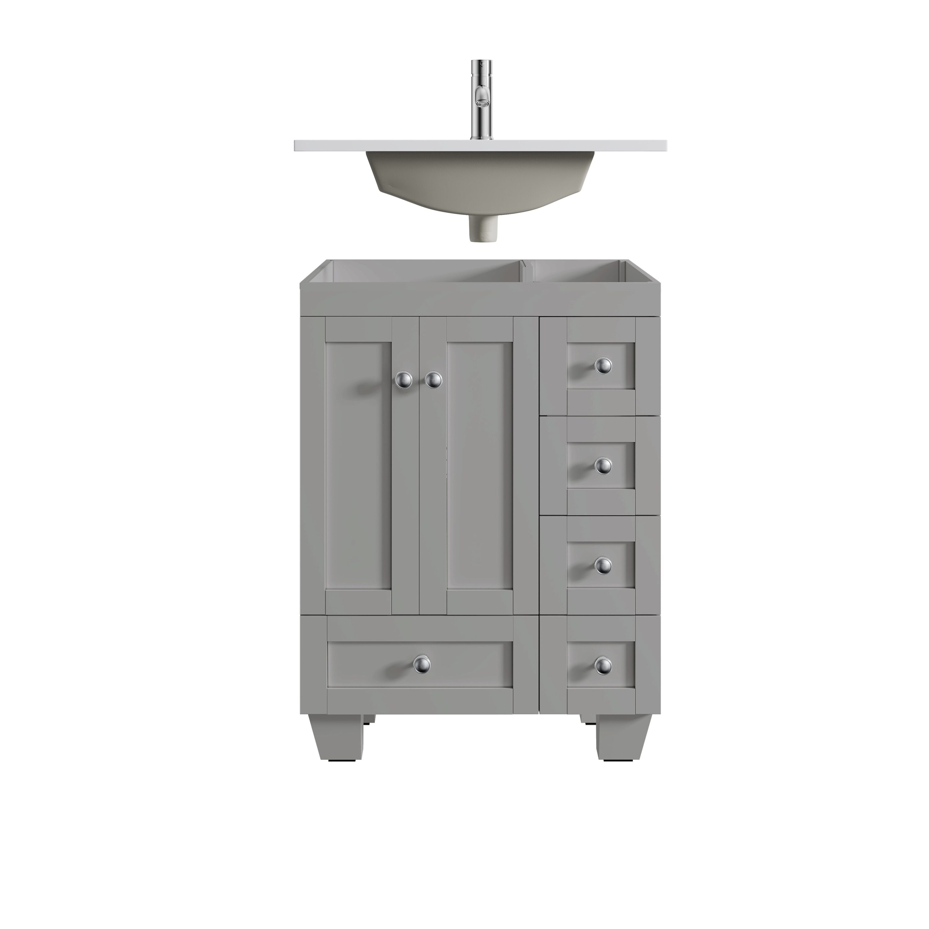 Gray Solid Wood Bathroom Vanity with White Quartz Top, 24-inch