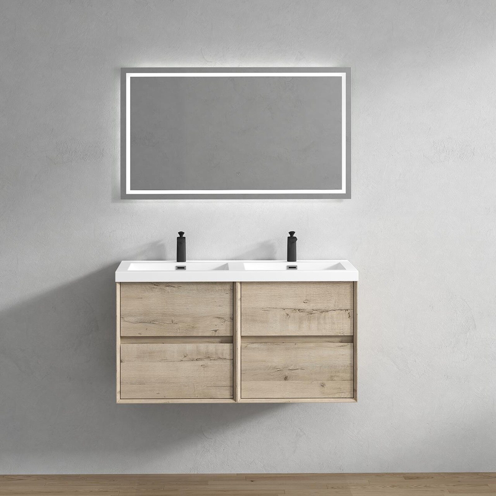 BV Better Vanity SLIM48D-WO Kingdee 48-in Light Oak Double Sink Floating Bathroom Vanity with White Acrylic Top