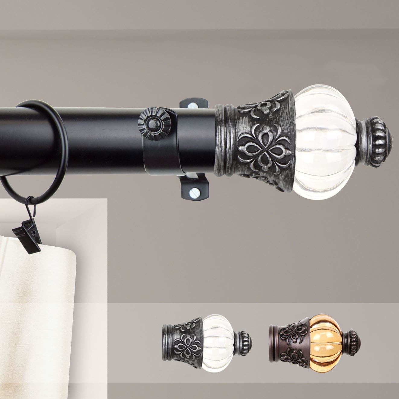 Hart & Harlow L-150-50-48-2 48-in to 84-in Black Steel Single curtain rod with Finials