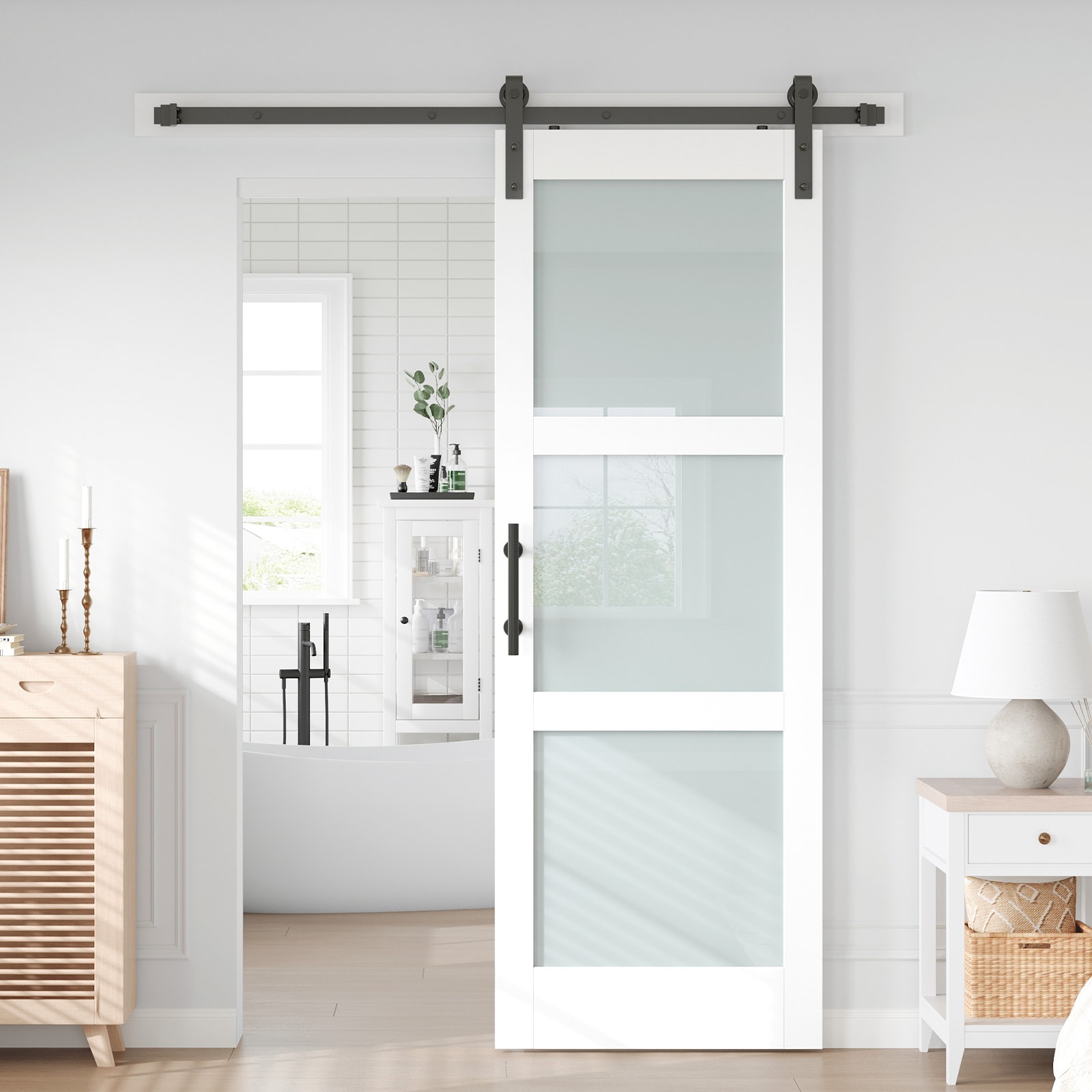 Fredbeck 32-in x 84-in White Frosted Glass Sliding Barn Door Solid MDF Core Wood Interior Closet Doors (Hardware Included)