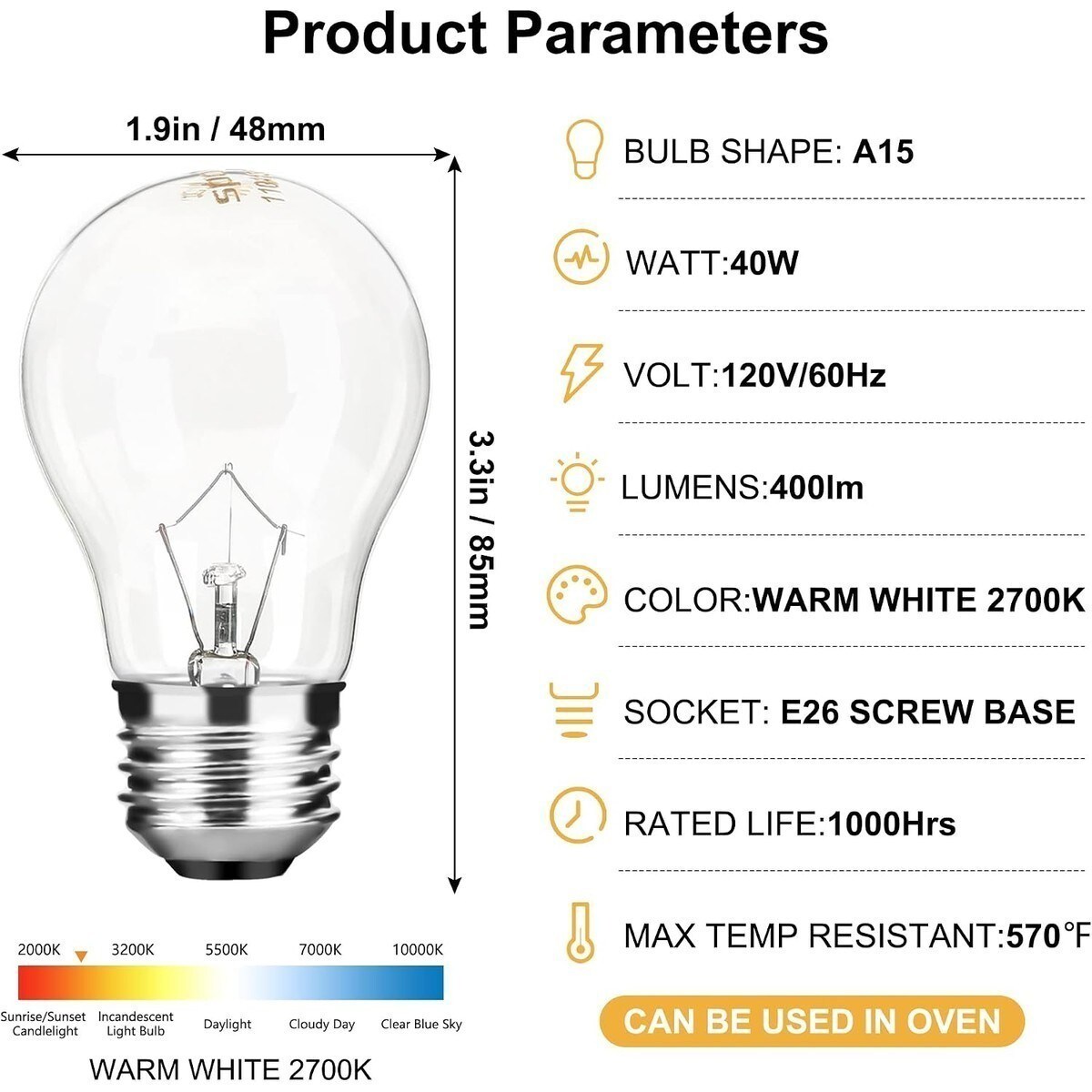 Slagawa 2 Pack A15 Appliance Light Bulb 40W E26 Medium Base 120V High ...